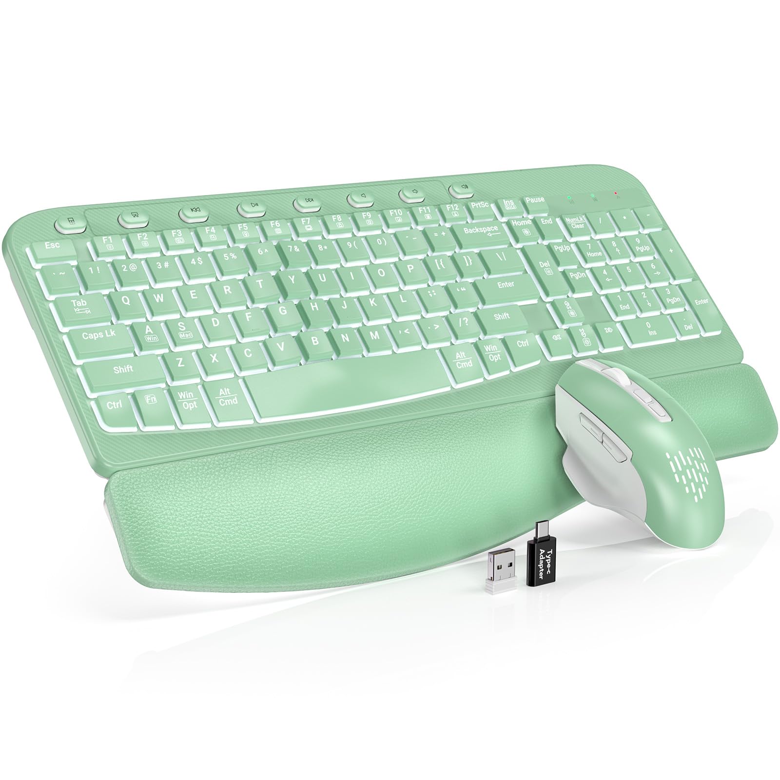 SABLUTE Ergonomic Wireless Keyboard and Mouse Combo - Wave Keyboard with Soft Leather Wrist Rest, Resistant Keys, RGB Backlit Rechargeable Set for PC/Mac/Chromebook (Green)