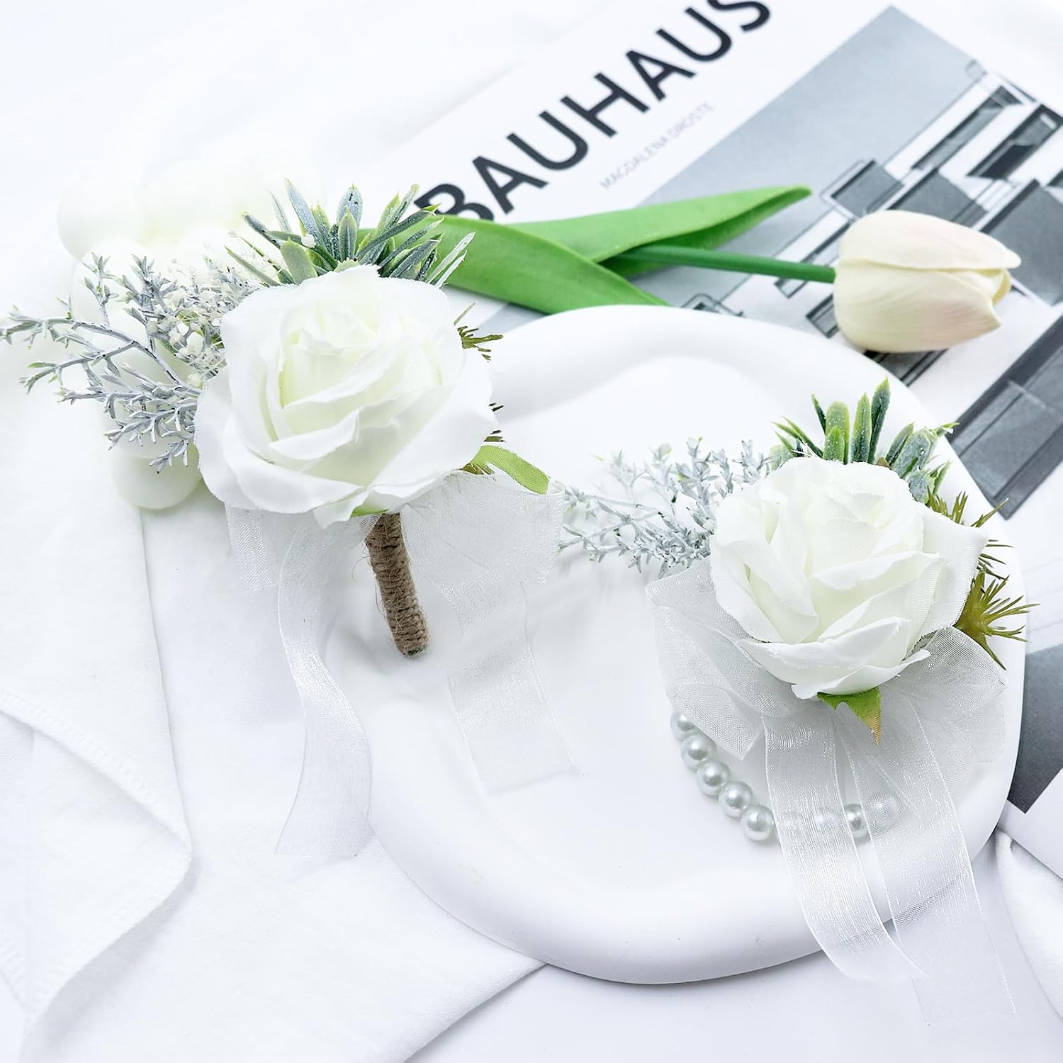 2 Pack White Corsage Wristlet and Boutonniere Set Handmade Artificial Bracelet Button Holes Rose Flower Bracelet White Boutonniere Prom Flower Corsage for Wedding, Ceremony Anniversary