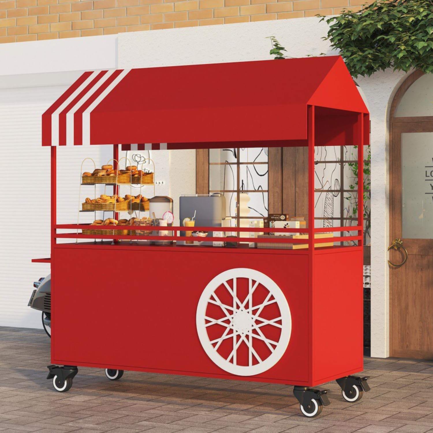 Carrello portatile per venditori di alimenti con tettoia, pieghevole, carrello per chioschi per alimenti da strada, per mercati ed eventi, espositore commerciale, rosso, 120 cm, ideale per i venditori