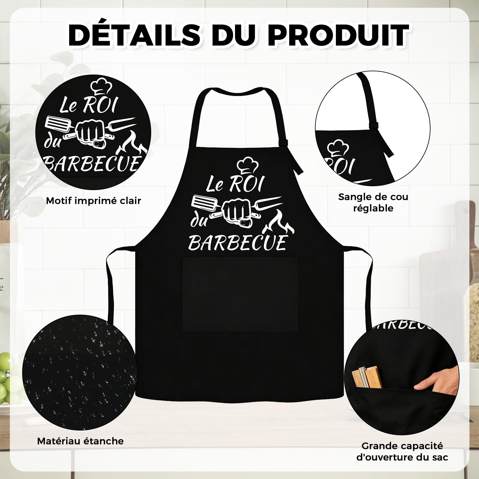 Tablier Cuisine Homme Femme - Tablier Barbecue Humour Réglable Noir Étanche avec Poche, Cadeau Anniversaire Homme Femme, Cadeau Rigolo pour Cuisson en Plein Air, Idéal pour Papa, Maman, Frère et Sœur