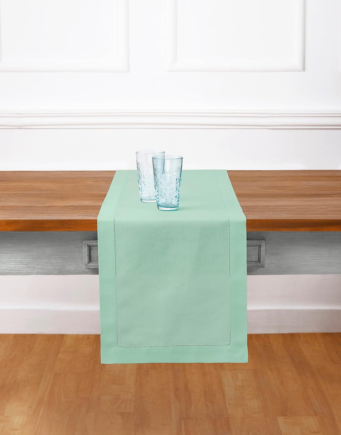 Solino Home Cotton Linen Aqua Table Runner – 14 x 72 Inch Hemstitch Table Runner for Spring, Summer, Father's Day, Dining, Living, Wedding – Machine Washable and Handcrafted from Natural Fabric