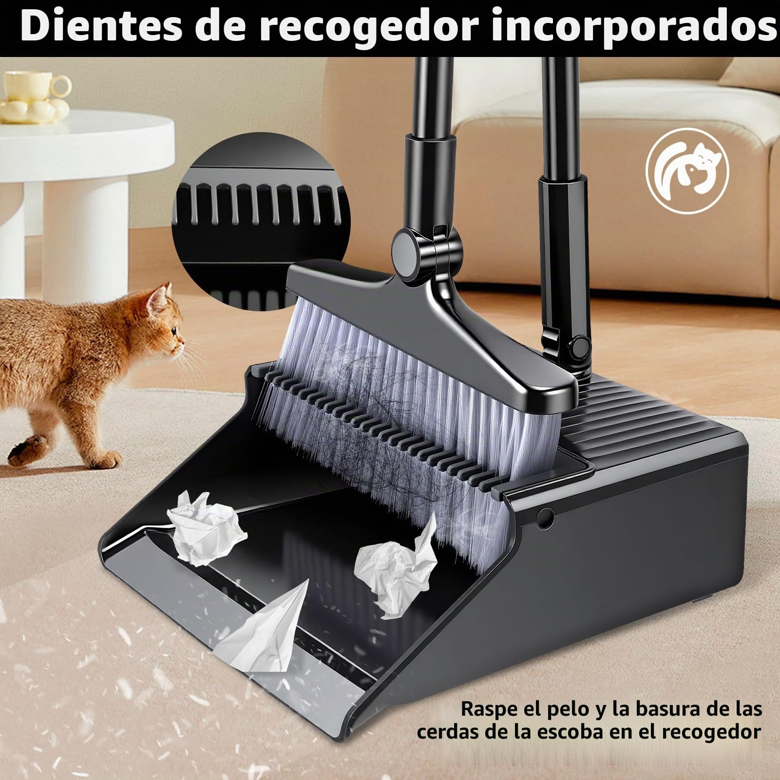 Juego de Escoba y recogedor,Juego de recogedor y Cepillo de Mango Largo,Juego de Escoba Vertical para Barrer,Cepillo barredor Giratorio 180 Grados,Recogedor doméstico con Dientes de Peine para hogar