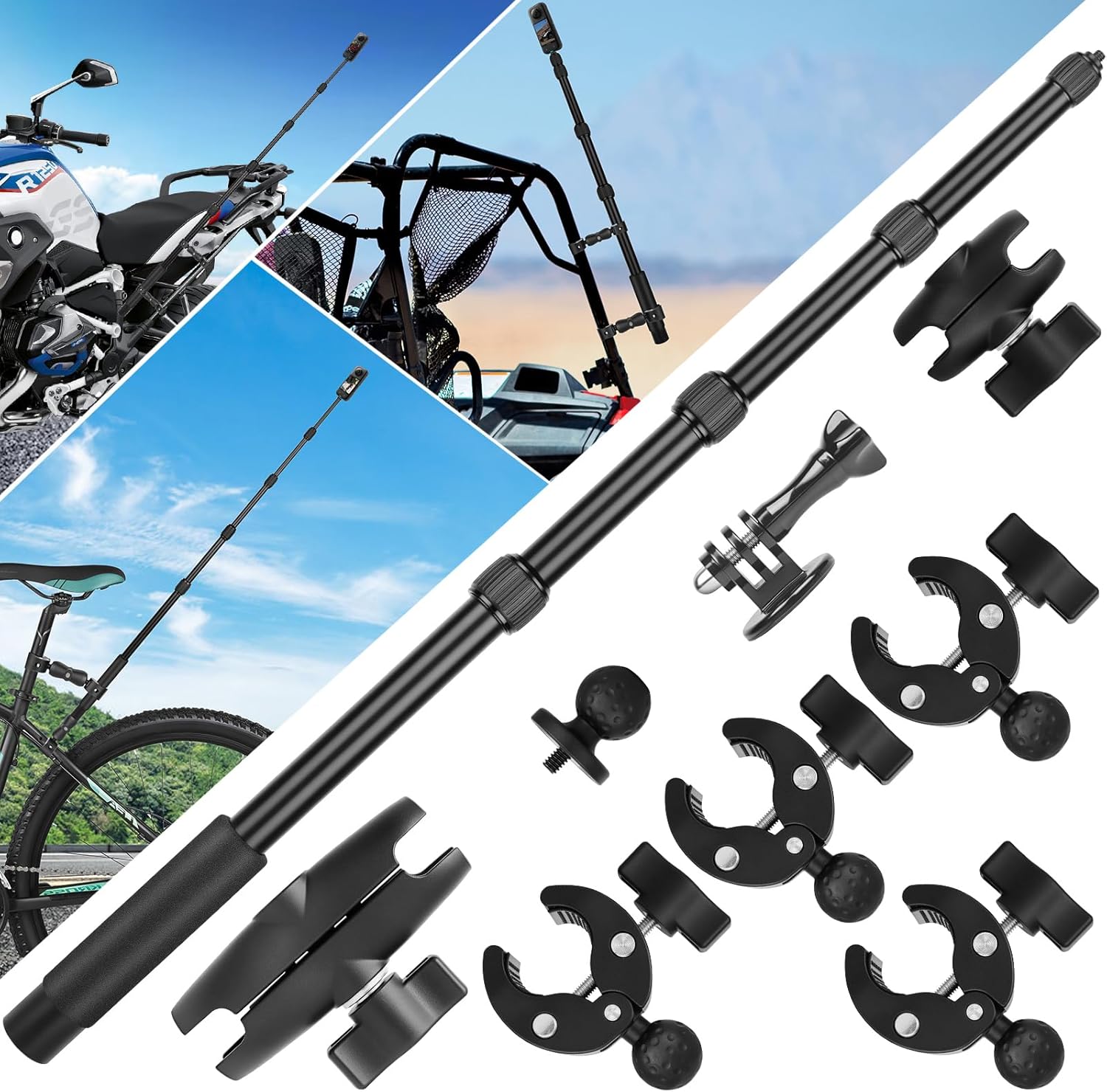 Motorcycle Mount Kit Compatible with Insta 360 X4 X5, Bike Handlebar Clamp Mounts for Gopro, 59" Invisible Selfie Stick with Double Clamp for Action Camera,Motorcycle Bicycle Riding Records