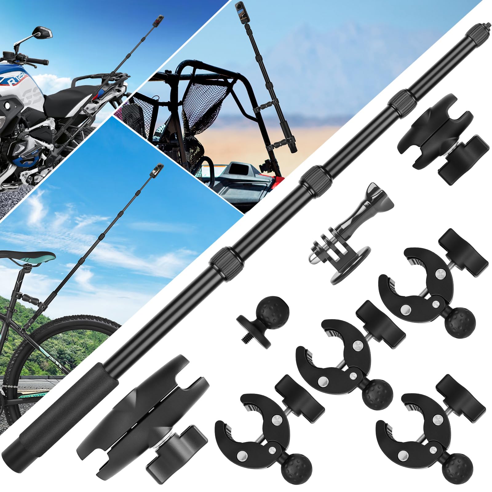 Support Moto Pour Insta360 X5/X4 - Kit Guidon Avec Perche Selfie Invisible 120cm Et Double Pince - Compatible Insta360, GoPro, DJI