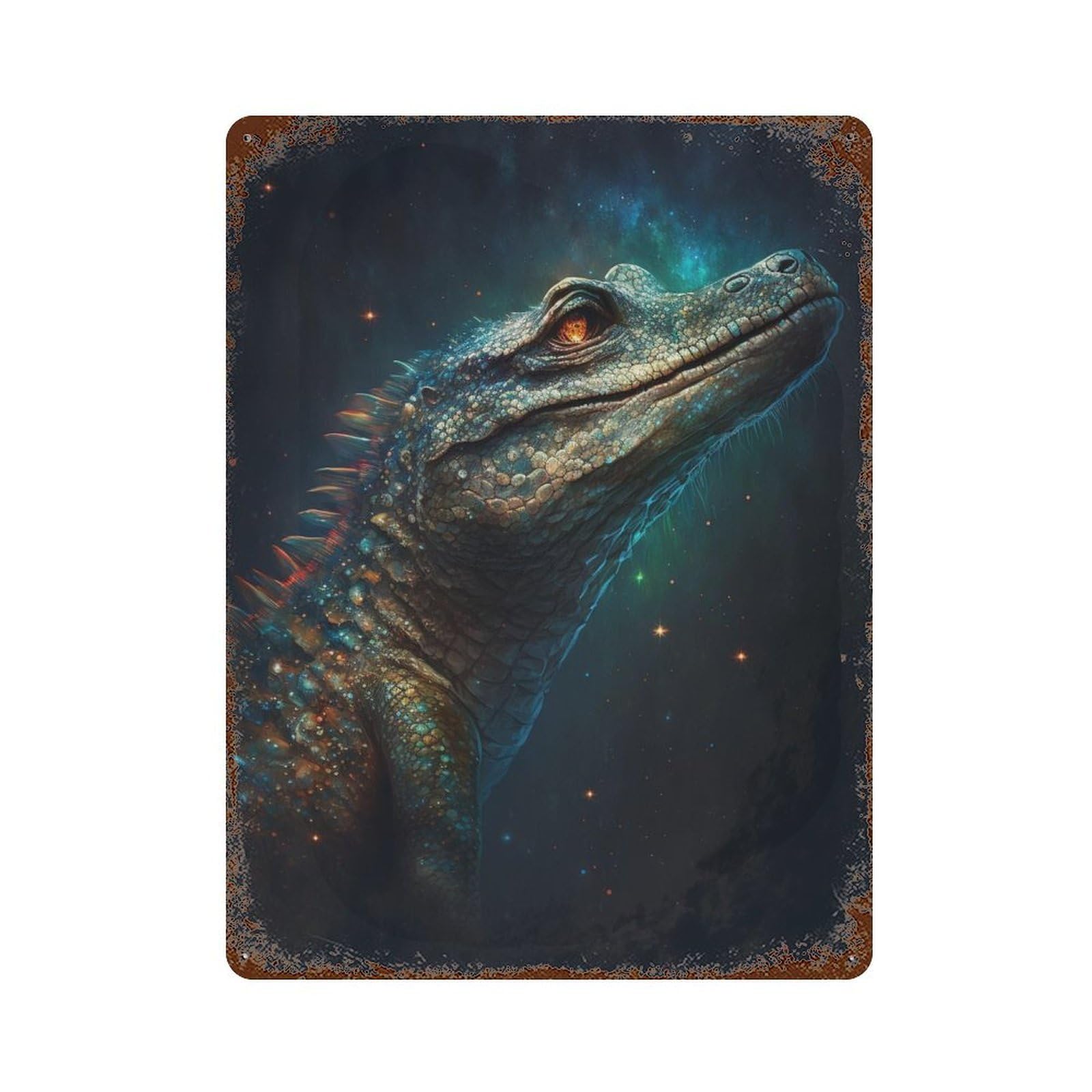 Rust Effect Galactic Lizard Artwork-1 Weathered Tin Sign 15.7"x11.8", Retro Wall Decor for Garage, Bar And Workshop Decor