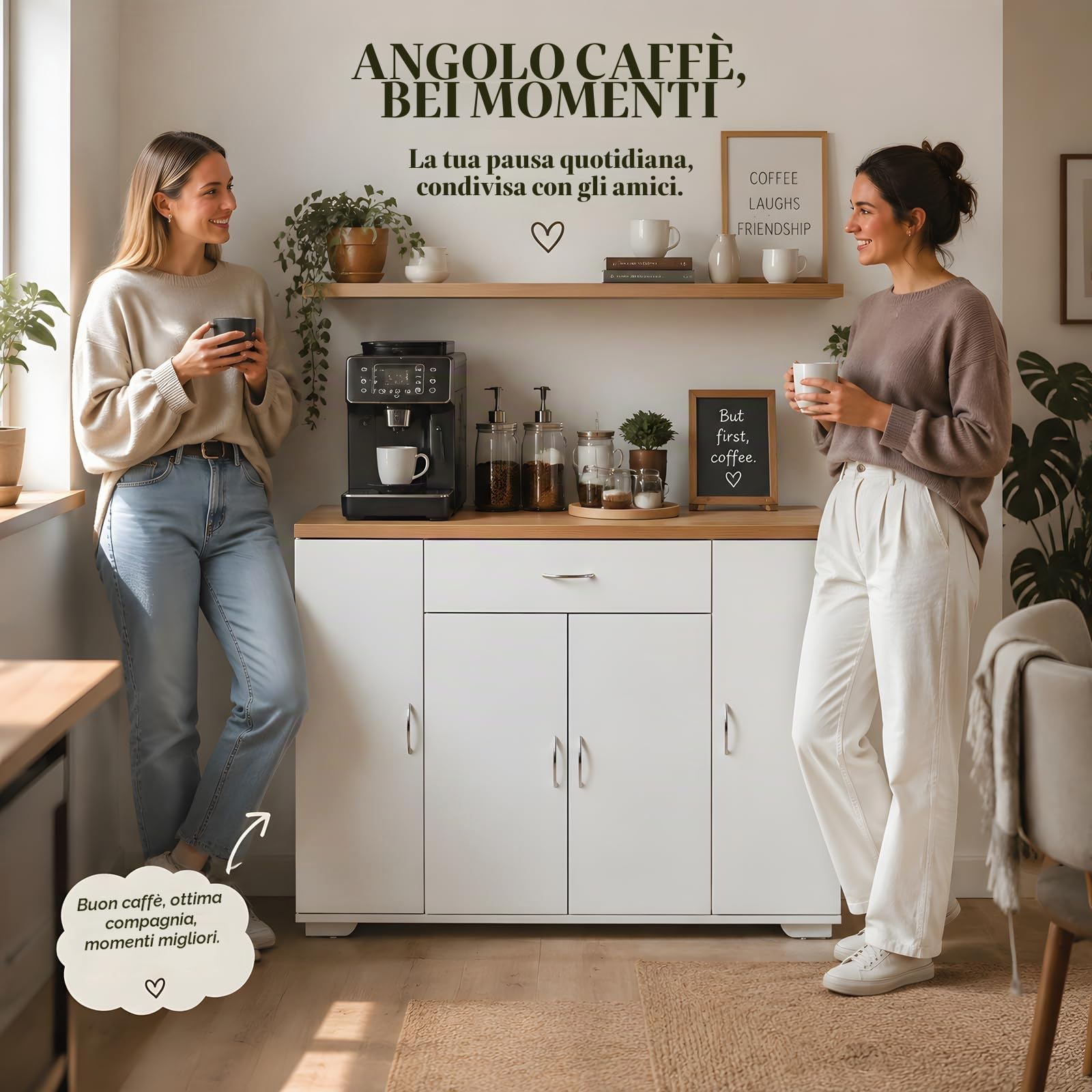 Set 2 Credenze Sala da Pranzo Lunghe 220cm, Buffet XXL Sottile Bianco e Rovere, Madia con 8 Ante 2 Cassetti per Soggiorno e Open Space, 220x30x70