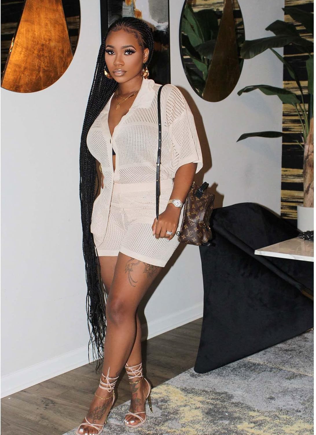 KANSOON Short Sets Women 2 Piece Outfits Knit Solid Color Half Sleeve Button Down Shirt and Shorts Set - Image 5