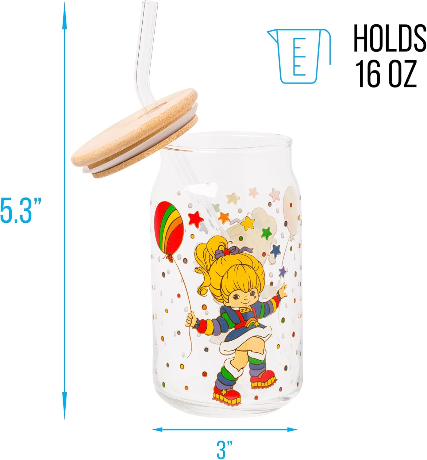 Silver Buffalo Rainbow Brite Balloon Glass Tumbler with Bamboo Lid and Glass Straw, 16 Ounces - Image 2