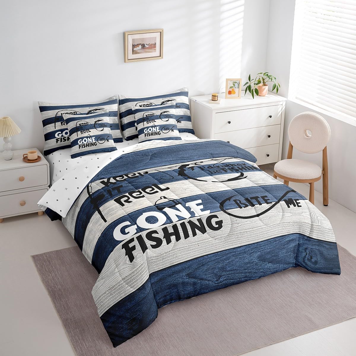 Erosebridal 7Pcs Comforter Set Twin Size, Fishing Theme Bed in a Bag with Flat Sheet and Fitted Sheet for Kids and Adults, Camping Decor Bedding Set with Pillowcases & Throw Pillow Covers