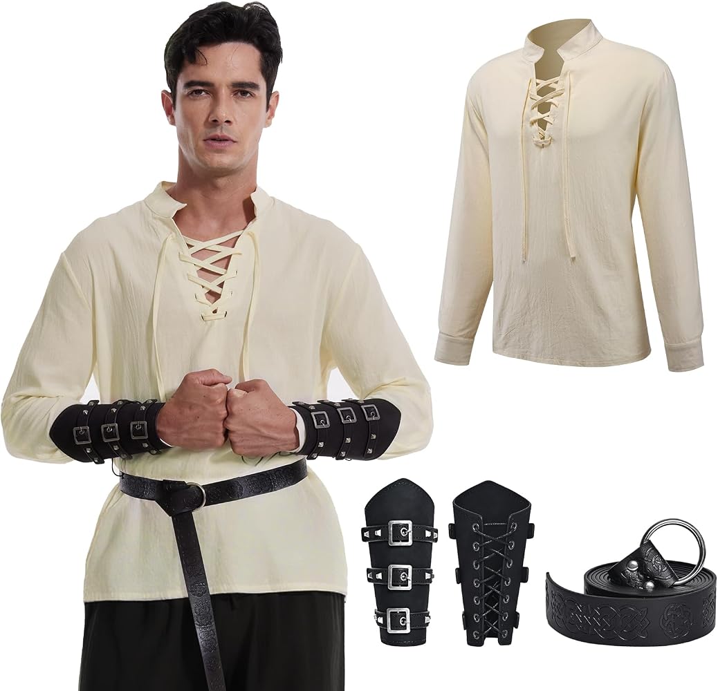 T-shirt Uomo Stile Medievale Con Lacci - Costume Pirata, Gotico O Rinascimentale - Idea Cosplay - Foto 3
