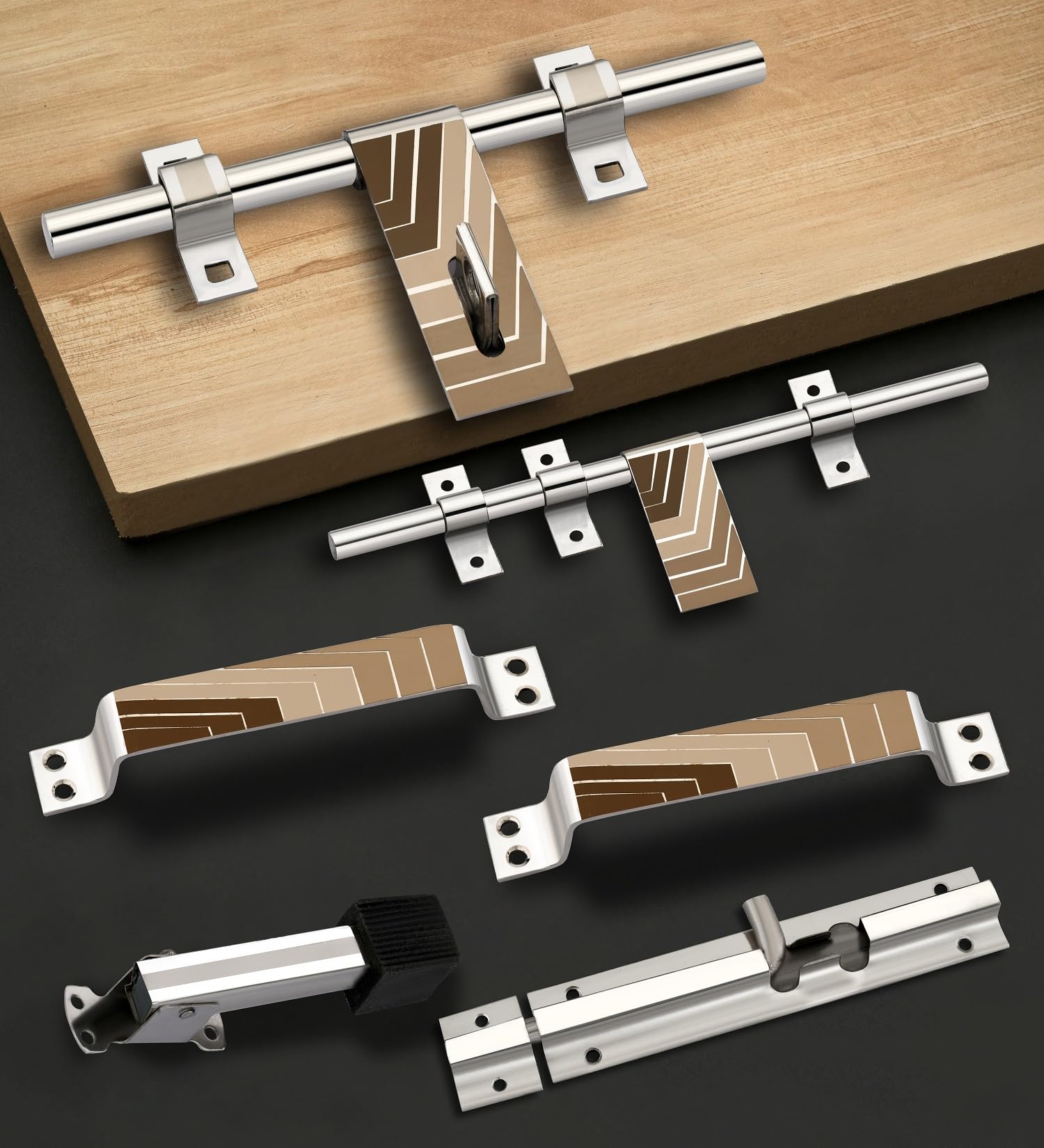 BUCKLER Stainless Steel Premium Door Kit (Pack of 6) - 10-Inch Aldrop, Latch, 2 Handles, Tower Bolt & Stopper - Glossy Finish with Designer Brown Chevron Inlay (SSSDK-N1)-image-0