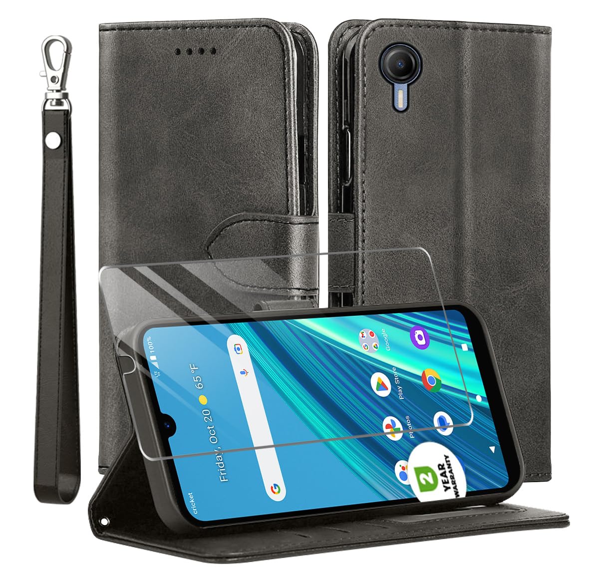 TTYSHTTTTYSHTT for Cricket Debut S2 / At&t Calypso 4 Case and Tempered Glass Screen Protector, PU Leather Flip Cover Wallet Phone Case Protector [Full Protection] [Card Slots] [Kickstand], Black