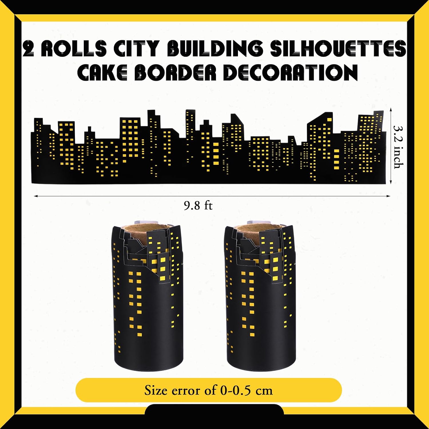 2 Roll Skyscraper Cake Border Decoration Toppers Stick On or Lay On City Skyline Cake Decor Skyscraper Building Scenic Birthday Accessories for Bday Party Supplies (Skyline, Yellow)