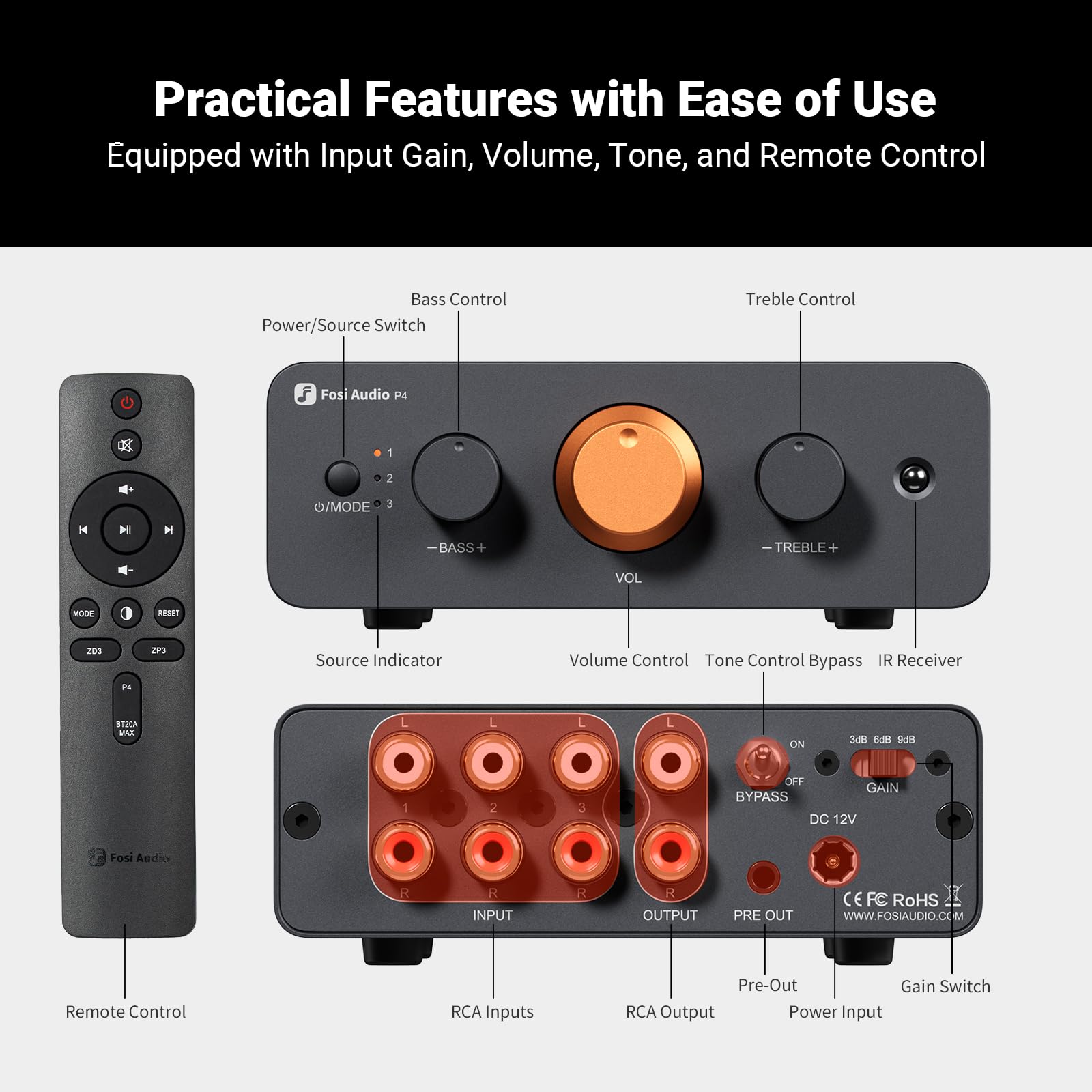 Fosi Audio Preamplificador Fonográfico Box X5 para Tocadiscos MM y MC y Mini Preamplificador P4 con 3 Entradas RCA y Ganancia Ajustable en 3 Niveles: 3/6/9 dB