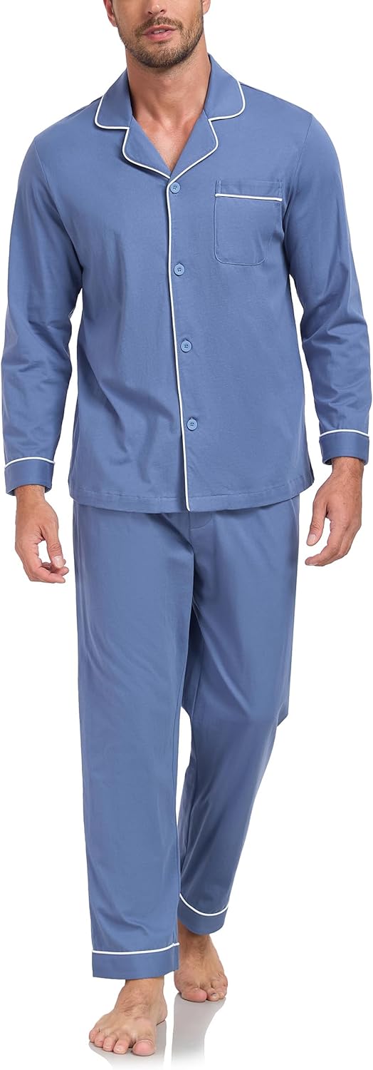 CF Men's Pajama Sets 100% Cotton Pajamas for Men Lightweight Long Sleeve Sleepwear Button Down Pj Set Loungewear with Pockets