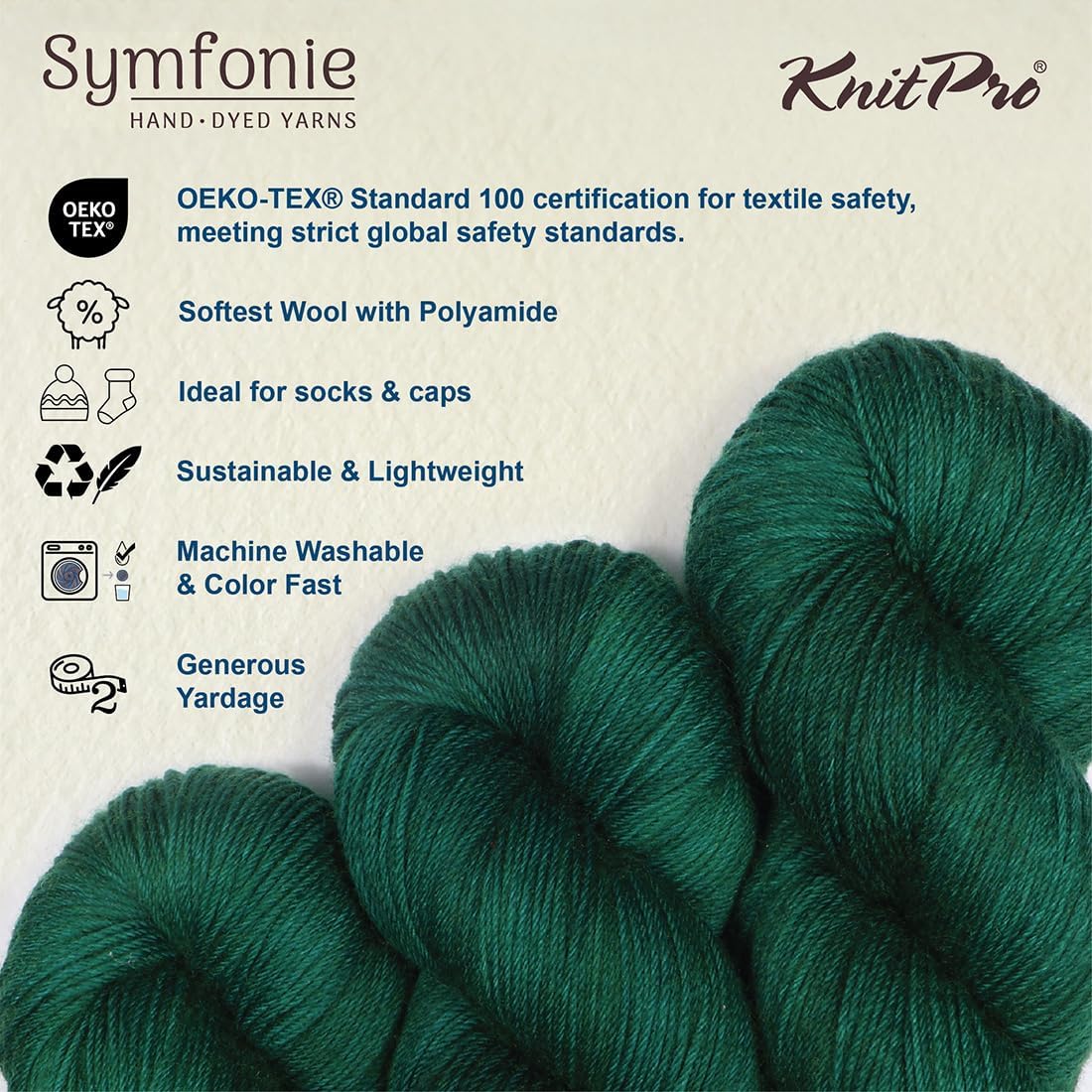 KnitPro Symfonie Fingering Weight Hand Dyed Semi-Solid Yarn Skein | Extra Fine Merino Wool & Polyamide Blend for Knitting & Crocheting, Oeko-TEX Certified 400m, 100g | Terra Deep Emerald