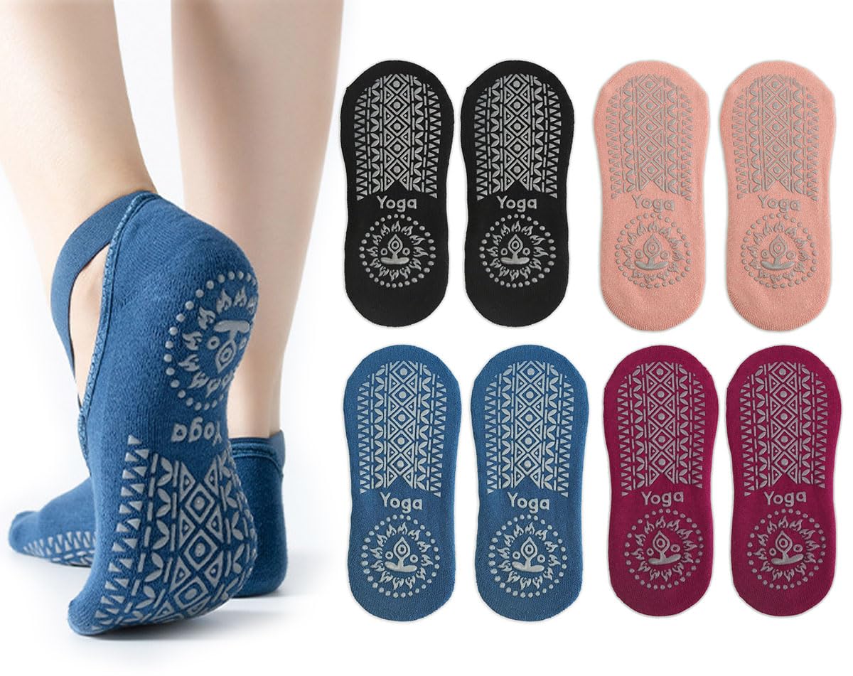 ECVV 4 Pairs Yoga Socks For Women, Pilates Grips Socks Non-Slip Grips & Straps Ideal for Pilates, Pure Barre, Ballet, Dance, Barefoot Workout One Size