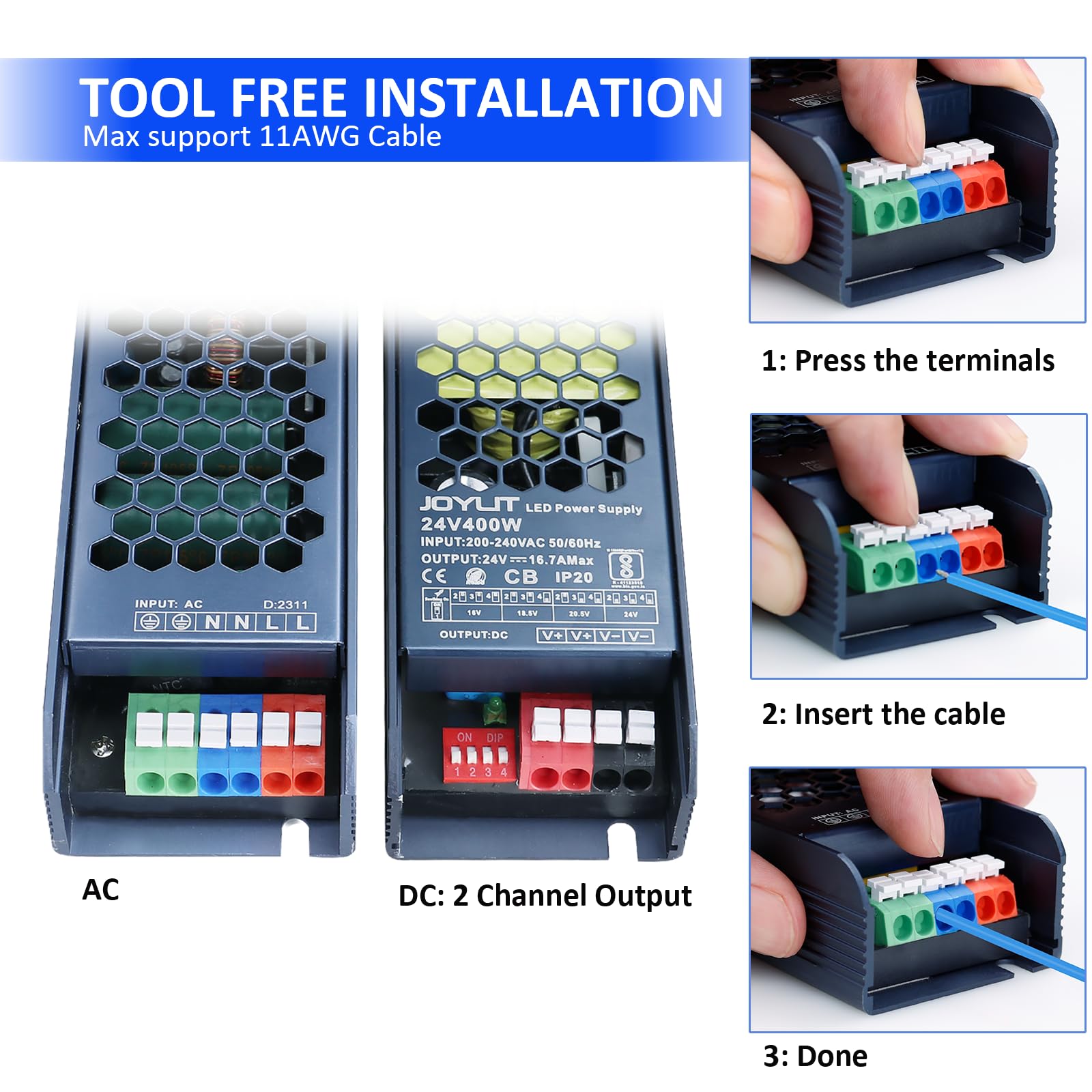 JOYLIT Fuente de Alimentación Profesional 24V 400W, Ultrafino Transformador 200-240V a 24V 16.7A, Driver LED de Bajo Voltaje de Funcionamiento Silencioso para Tiras LED (Salida 16V/18.5V/20.5V/24V)