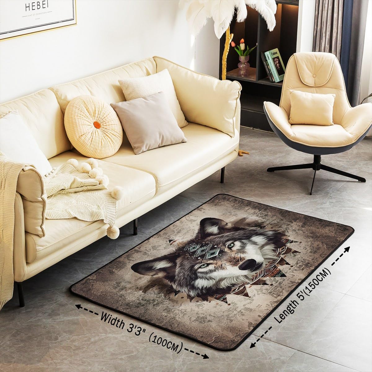 Feelyou Wolf Living Room Rugs Wolves Howling Area Rug for Kids Boys Girls Room Decor Animal Wolves Mountain Moon Wolf Vinatge Decorative Carpet Set 3x5 Sliver Grey Indoor Floor Mat