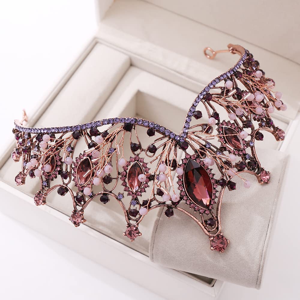 Corona Barocco, Tiara Corona Di Cristallo Con Strass, Diadema Con Strass per Matrimoni, Feste Da Ballo, Concorsi Bellezza, Feste Compleanno (Antico Rosso Rame Viola)