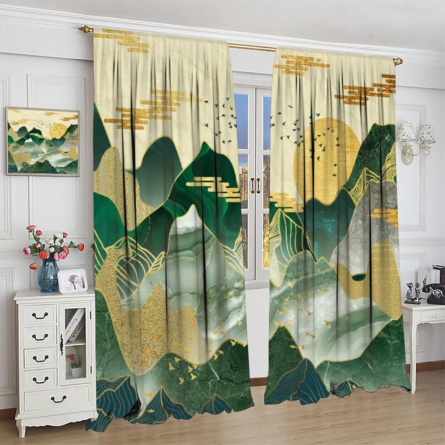 Abstract Mountain Rod Pocket Blackout Curtains for Living Room,Room Darkening Watercolor Natural Sunrise Sunset Colorful Forest Tree Marble Art Window Curtains,2 Panels 45L x 21W