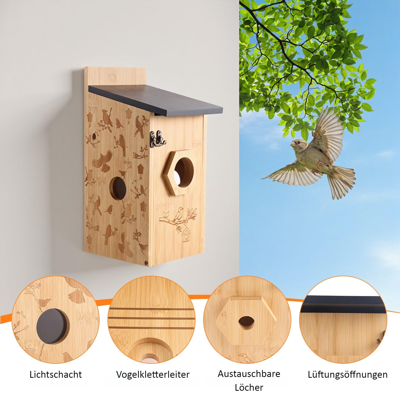 Nistkasten mit 5MP Kamera Solar, Vogelhaus Wetterfest zum Aufhängen, 2,4G WiFi & App Benachrichtigung, Video/Fotoaufnahme & Bewegungserkennung, Beobachten Sie das Nisten und Schlüpfen, Nachtsicht,A