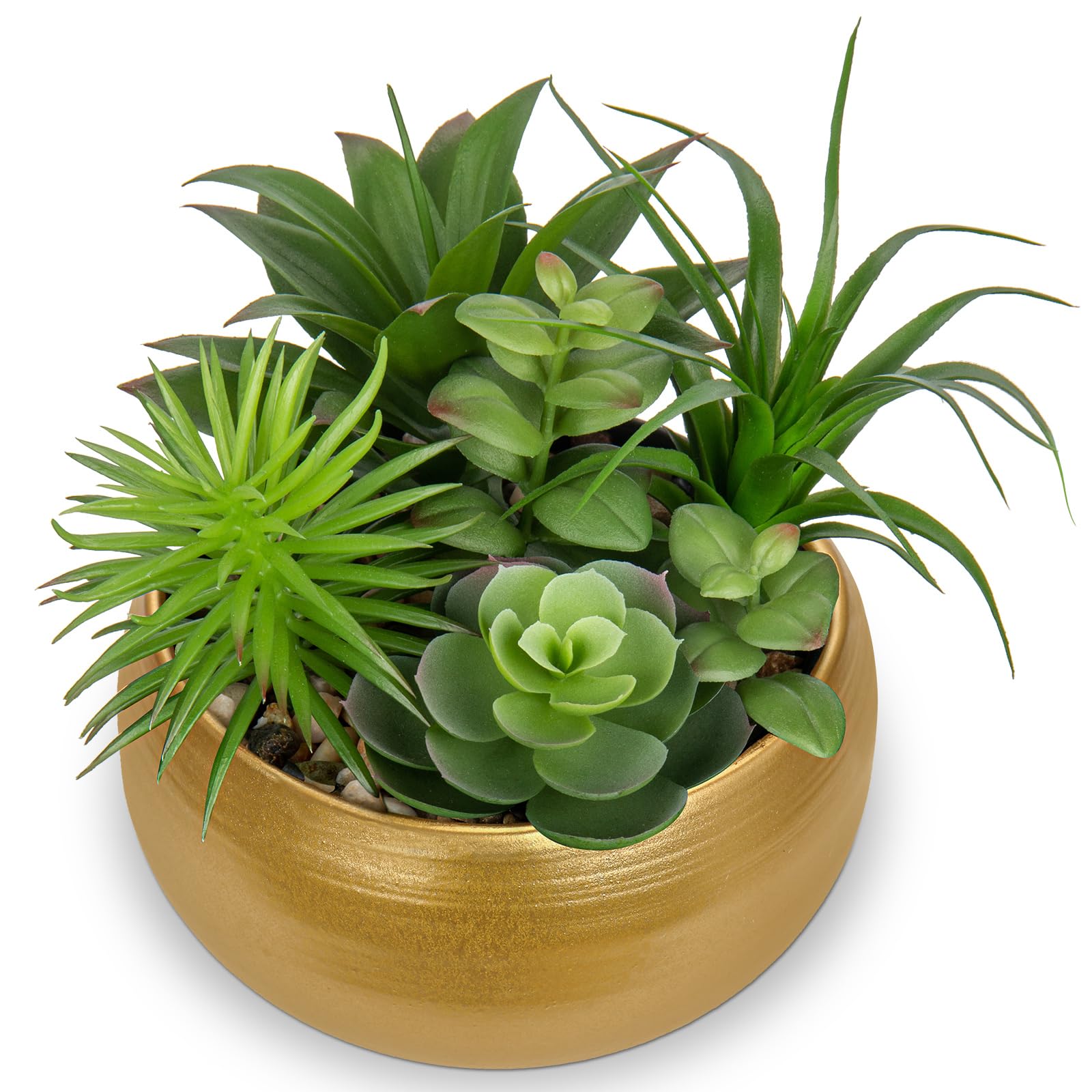 Arborus 17cm Artificial Succulents Plants Potted Indoor Fake Mix Succulents in Gold Ceramic Pot Realistic Faux Plant in Pots for Window Sill Office Table Home Bathroom Living Room Decorations