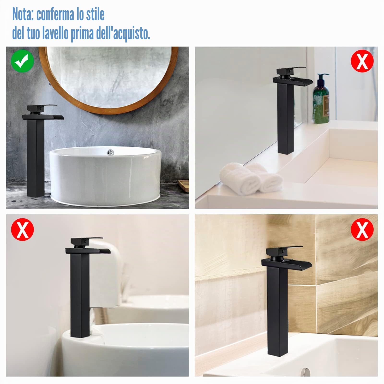 Rubinetto Bagno Lavabo Cascata Nero Alto, Miscelatore Lavabo Bagno Rubinetto per Lavabo con Altezza del Bocca di 265MM, Moderno Miscelatore Monocomando per Bagno Ottone, Acqua Calda e Fredda, G3/8