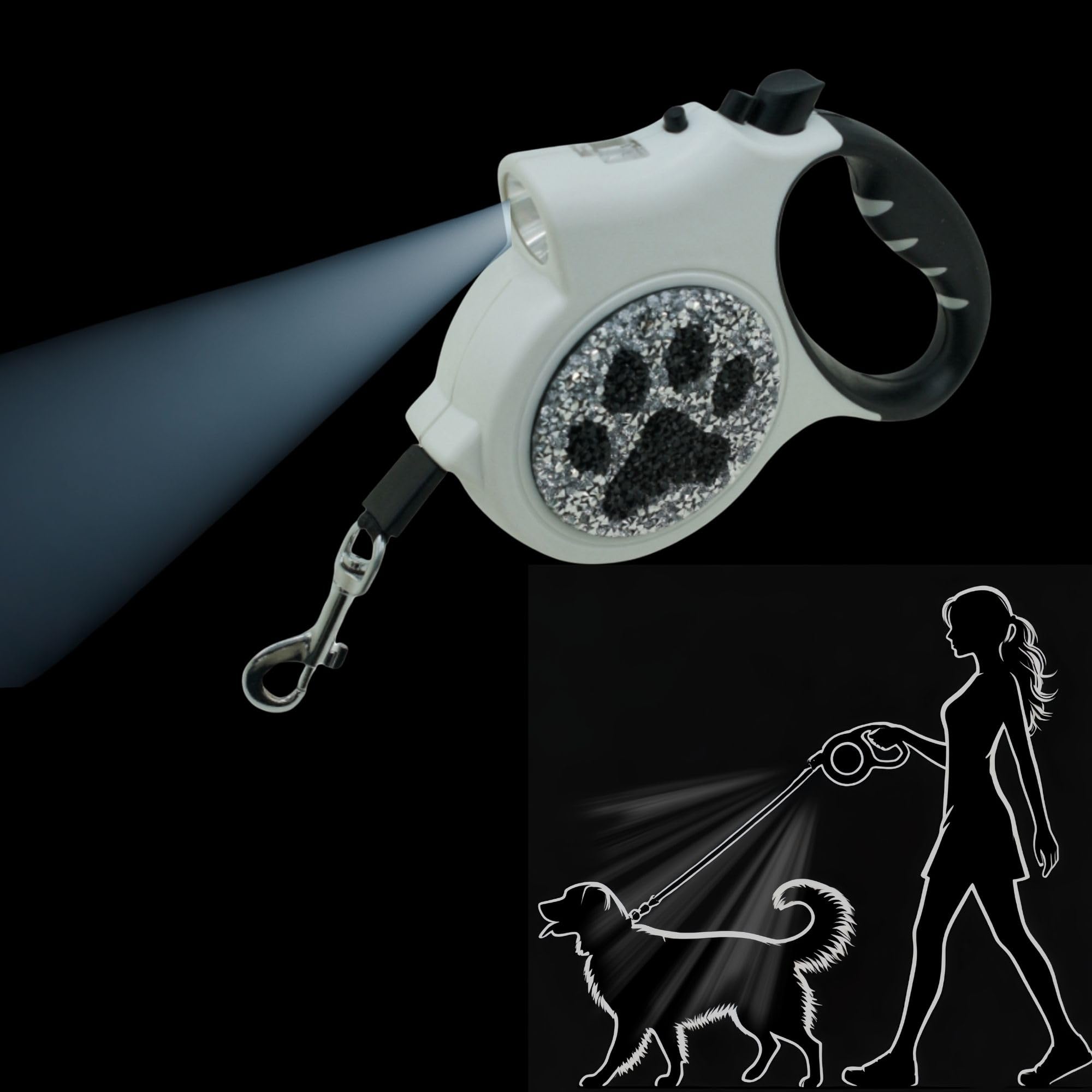 Correa retráctil LED para perro, correa de 16 pies con detalle brillante hecho a mano, sin enredos, freno con una sola mano, mango de agarre suave para perros pequeños y medianos de hasta 75