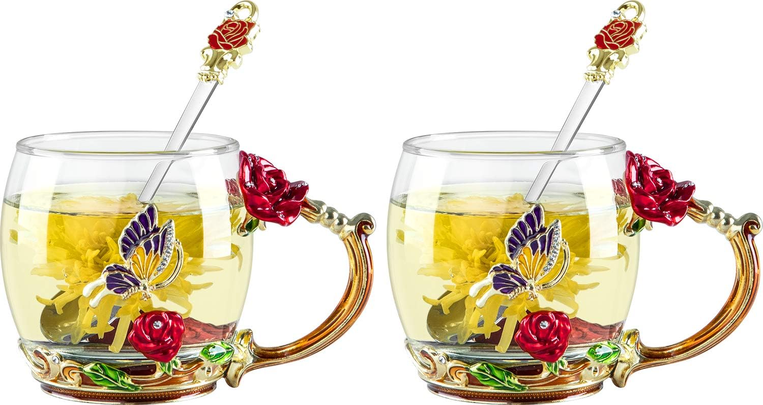 2 of set Enamel Flower Glass Mug with Spoon, Tea Coffee Cup Crystal Clear Glass Cups, Mother's Day Birthday Anniversary for Women Wife Mum Grandma Gift