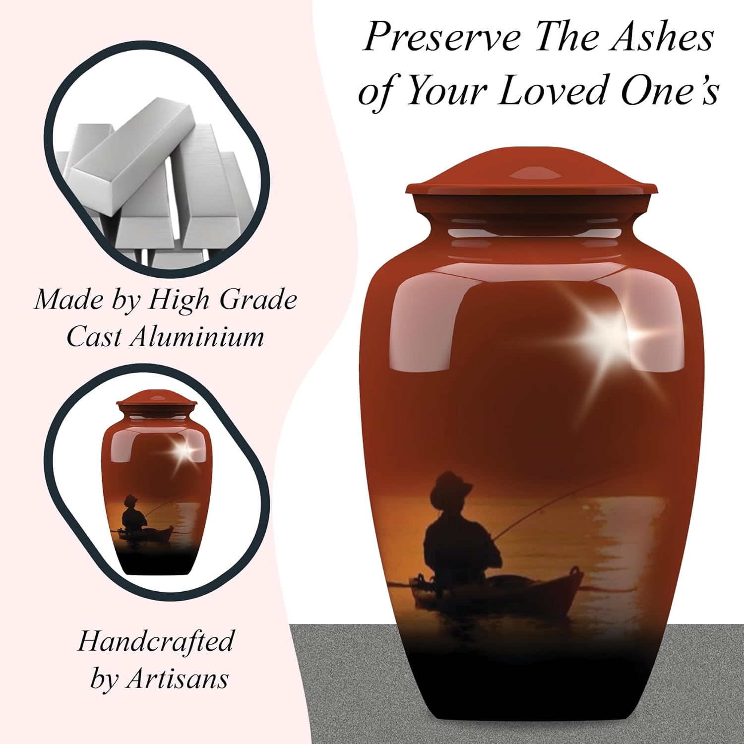 Forever URNS Adult Cremation Funeral Urn with Printed Fishing Man Theme for Human Ashes of Female & Male | 200 cu in | Large | Multicolor | Completely Handcrafted with Velvet Protection Bag