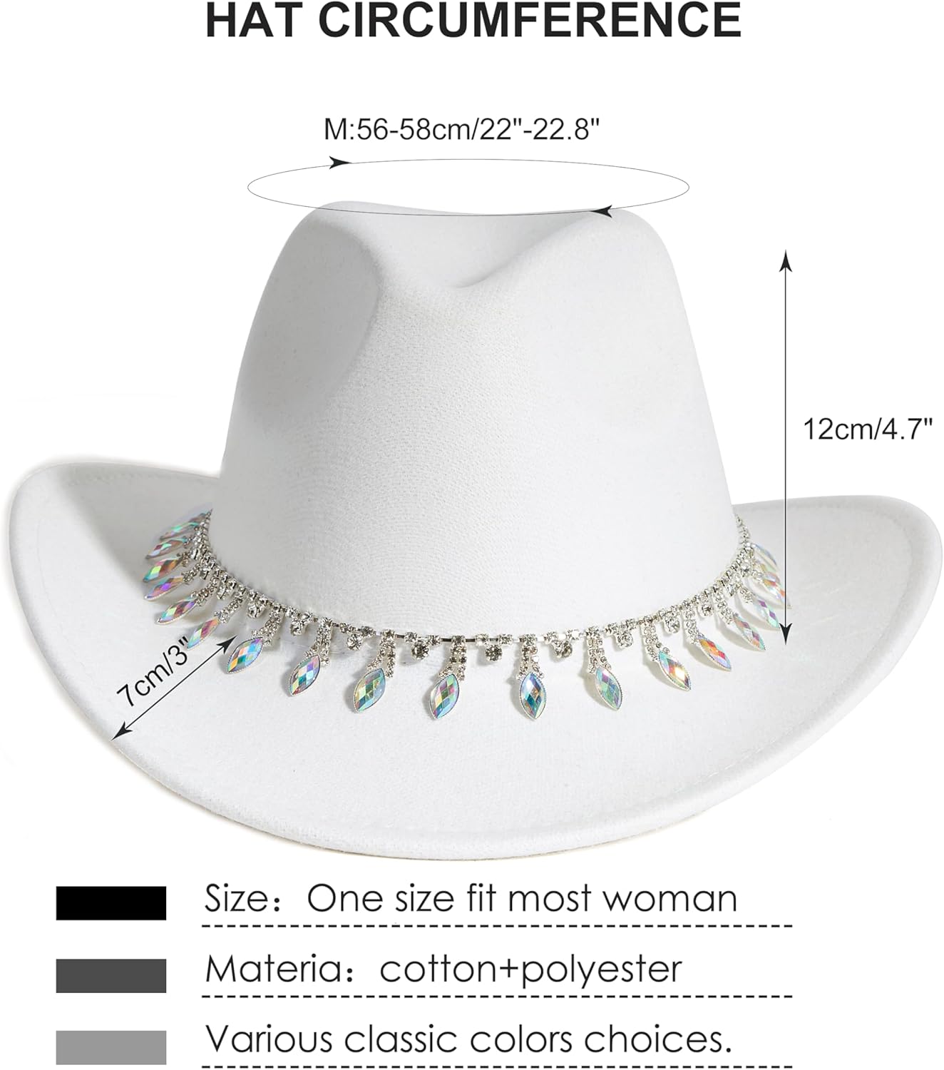 Women Rhinestone Cowboy Hat Wide Brim Felt Cowgirl Hats Shiny Party Wedding Hat - Image 4
