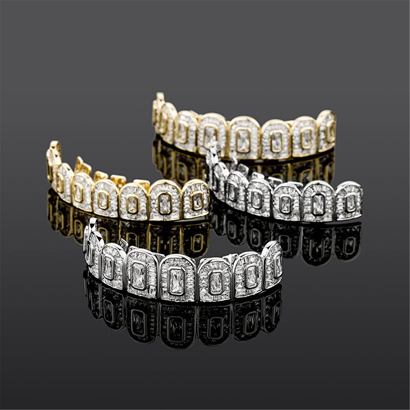 ICEDIAMOND Iced Out CZ Baguette Diamant Dents Bretelles, Plaqué Or 18K Haut et Bas Hip Hop Dents Porter Des Bijoux pour Hommes Femmes