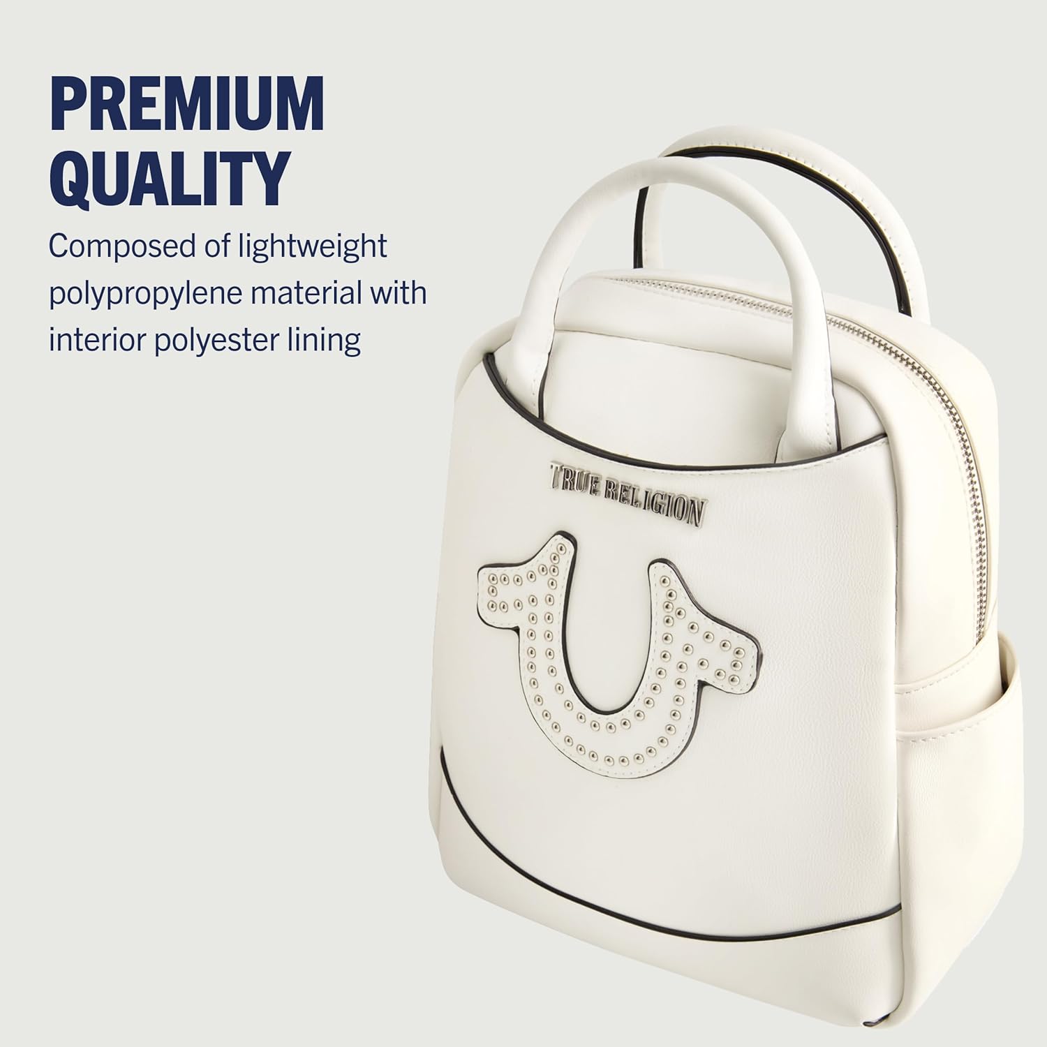 True Religion Mini Backpack, Studded Horseshoe Logo Small Travel Bag Purse for Women, Adjustable Shoulder Straps, White