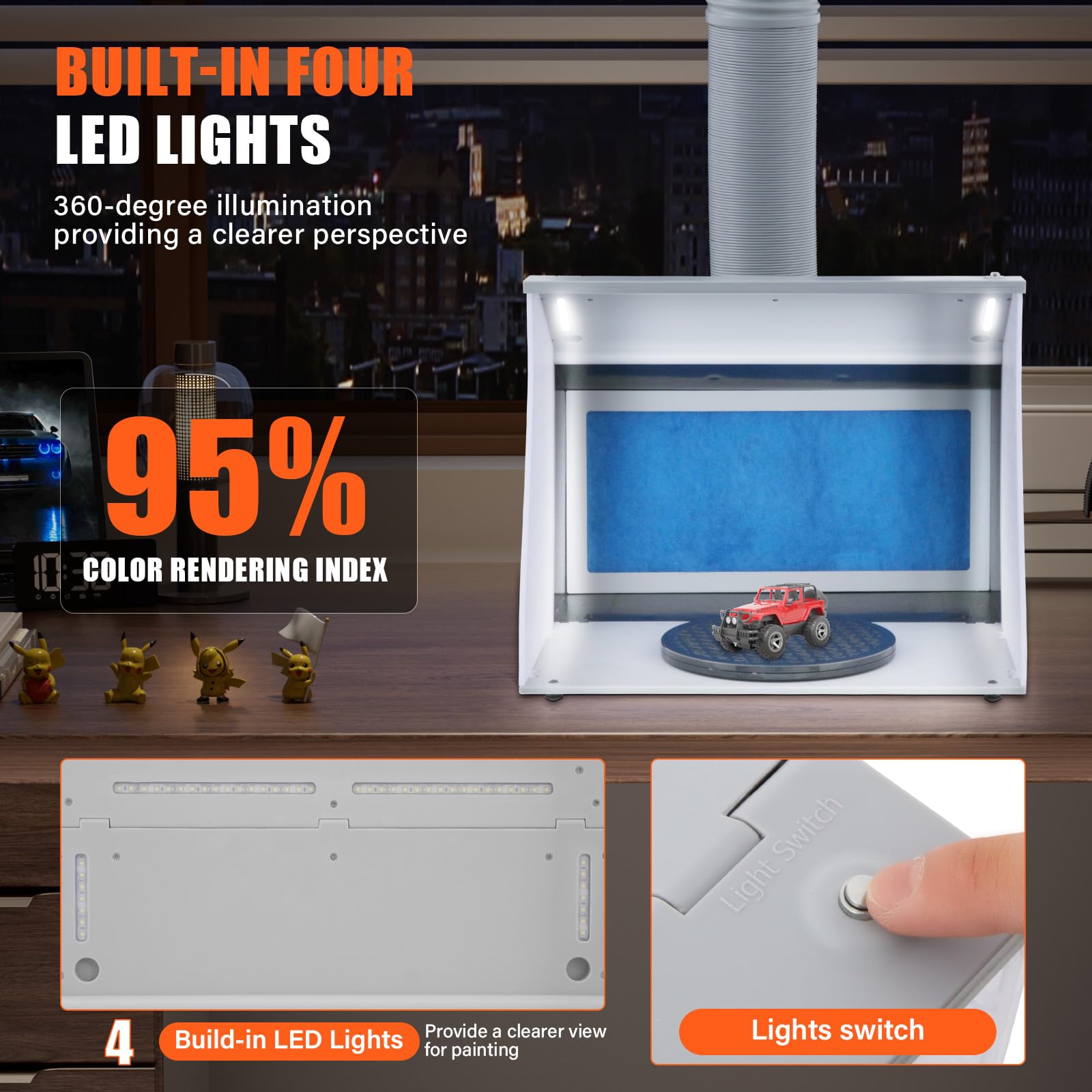 VELPAX Cabina de Pintura para Aerógrafo 5.2m³/min Velocidad Ajustable con Doble Ventilador, 4 Luces LED, Manguera Telescópica, Ideal para Pintura Decorativa, Manualidades y Decoración de Pasteles