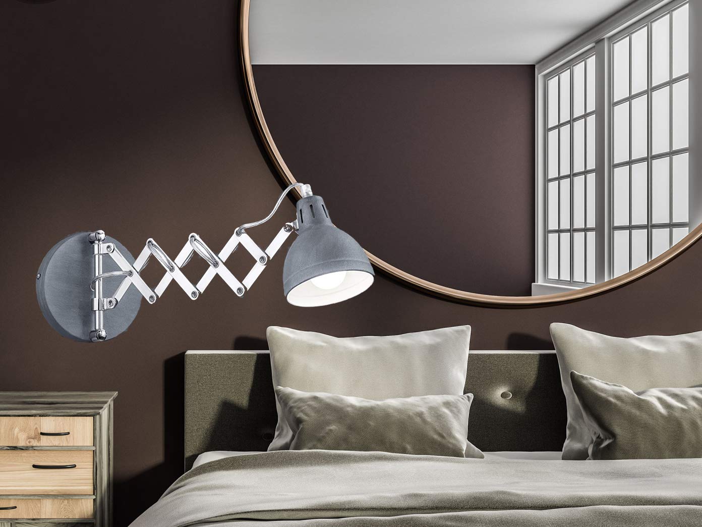 Lámpara de pared LED flexible con articulación de tijera, aspecto industrial, de metal con pantalla redonda en hormigón, color gris