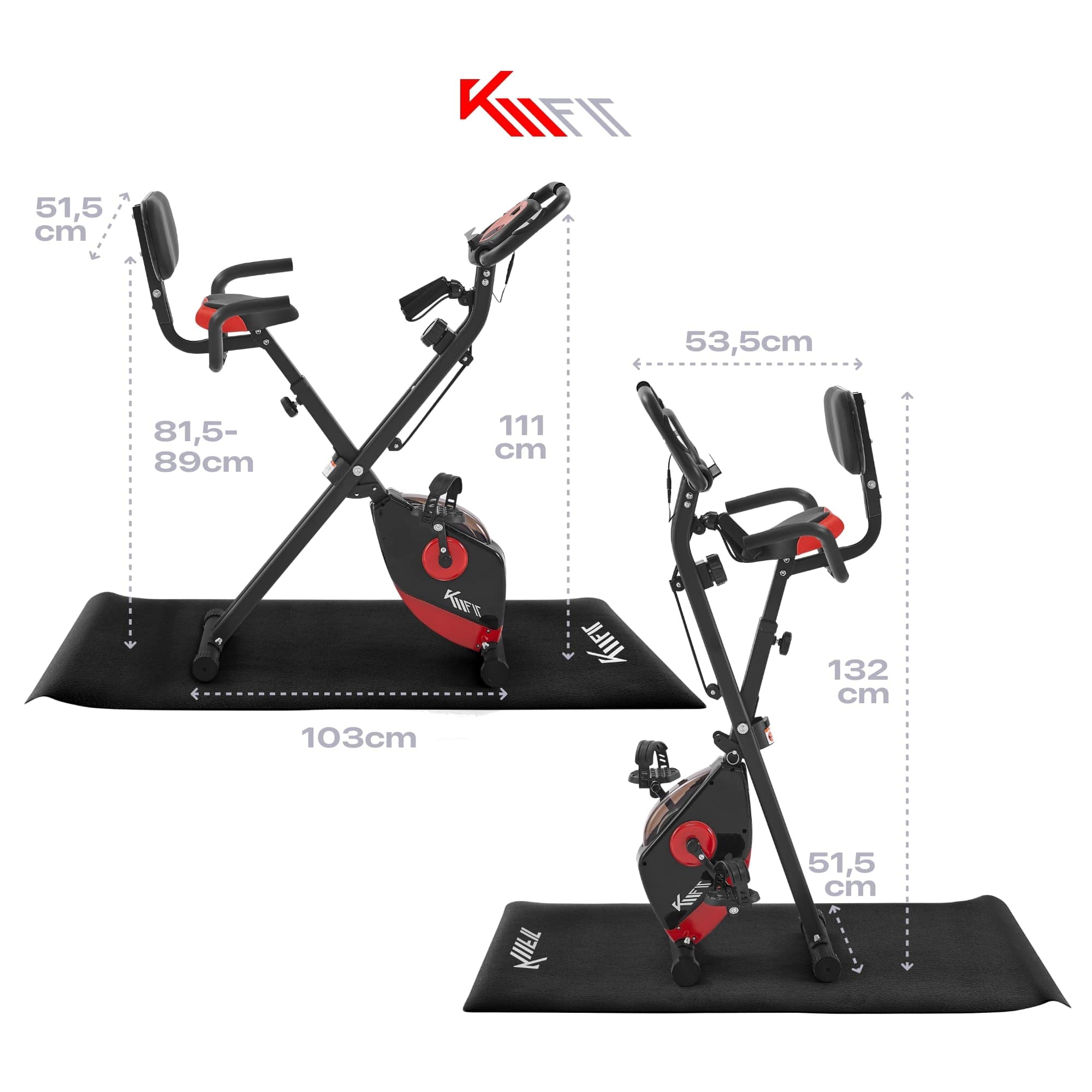 KM Fit 2en1 Bicicleta estatica con pantalla LCD | Bicicleta estatica plegable | Entrenador 16 niveles de resistencia | Sensores de pulso | incl. alfombrilla y soporte para móvil