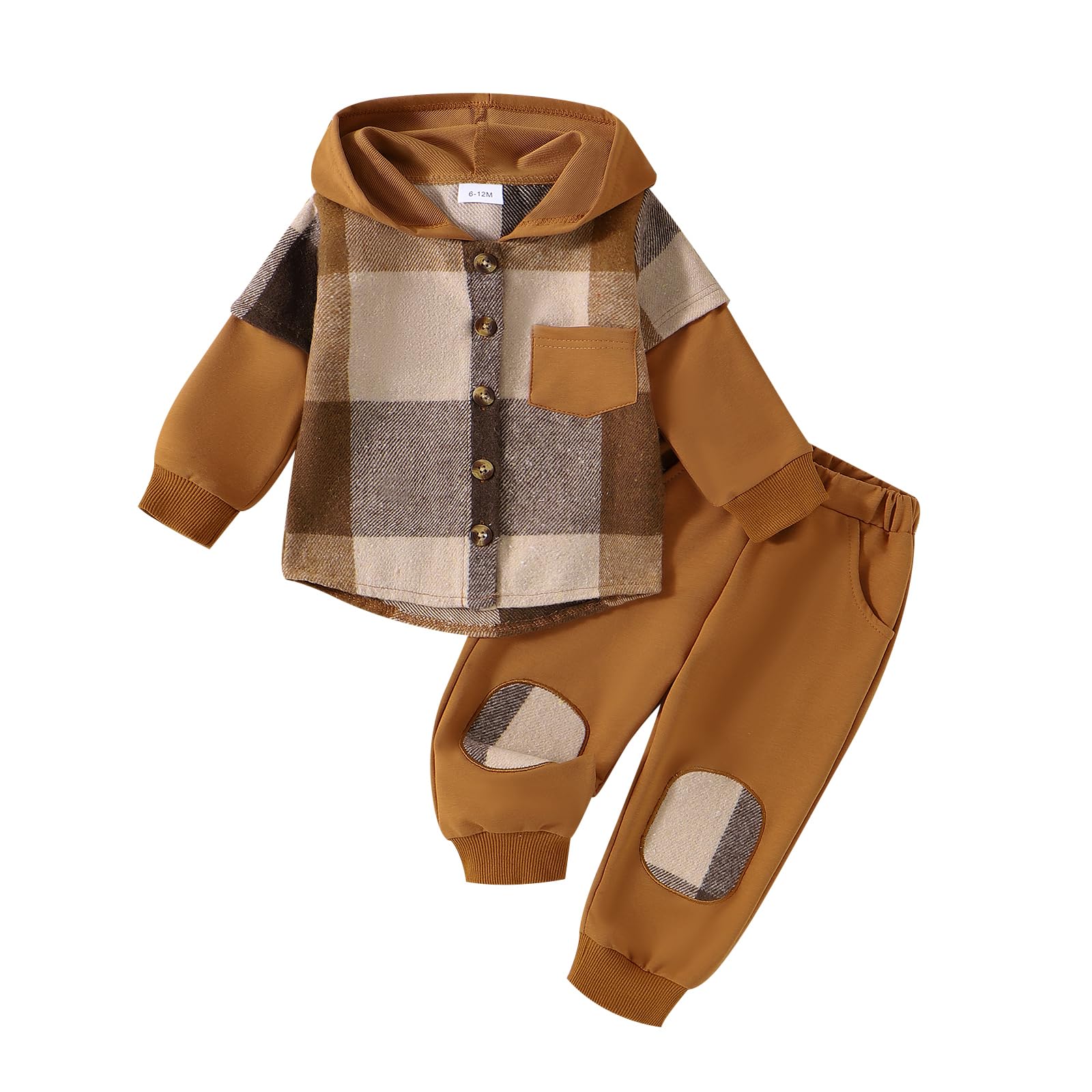 Douhoow Toddler Boy Outfits Baby Flannel Hoodie Plaid Sweatshirt Sweatpants Baby Boy Fall Winter Festival Clothes (Brown, 18-24 Months)