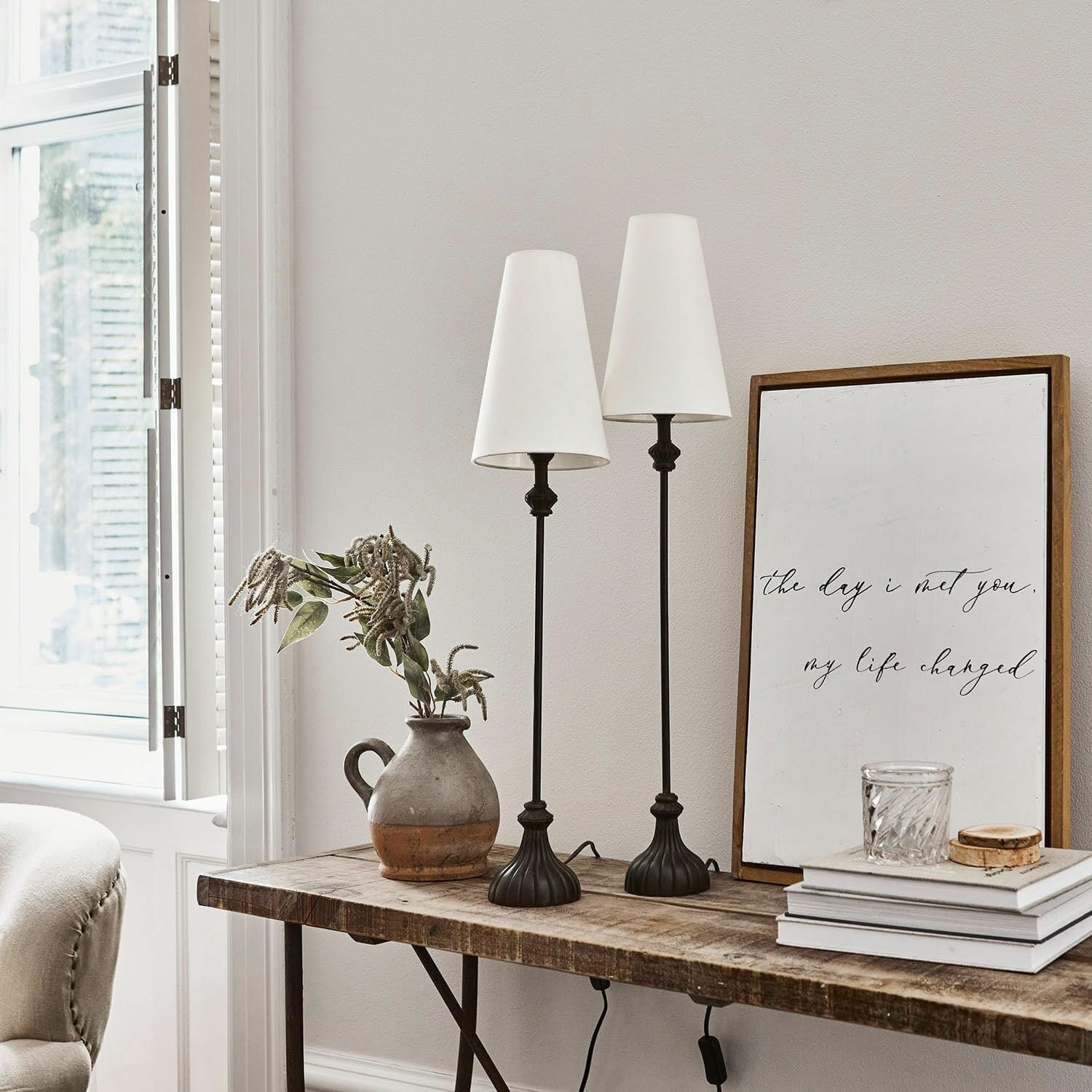 Loberon Tischlampe 2er Set Ambrosse - schwarz/creme | zwei Größen - Hübsch Verschnörkeltes Design - Edler Materialmix - Tischleuchte - Baumwolle - Eisen