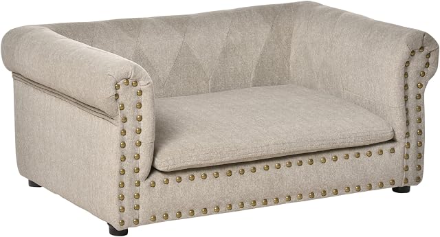 PawHut Dog Sofa with Soft Cushion, Pet Bed Cat Chair Couch with Water Resistant Fabric, Sponge Padded, Washable Cover, Easy Installation, Wooden Legs for Mini Sized Dogs - Khaki