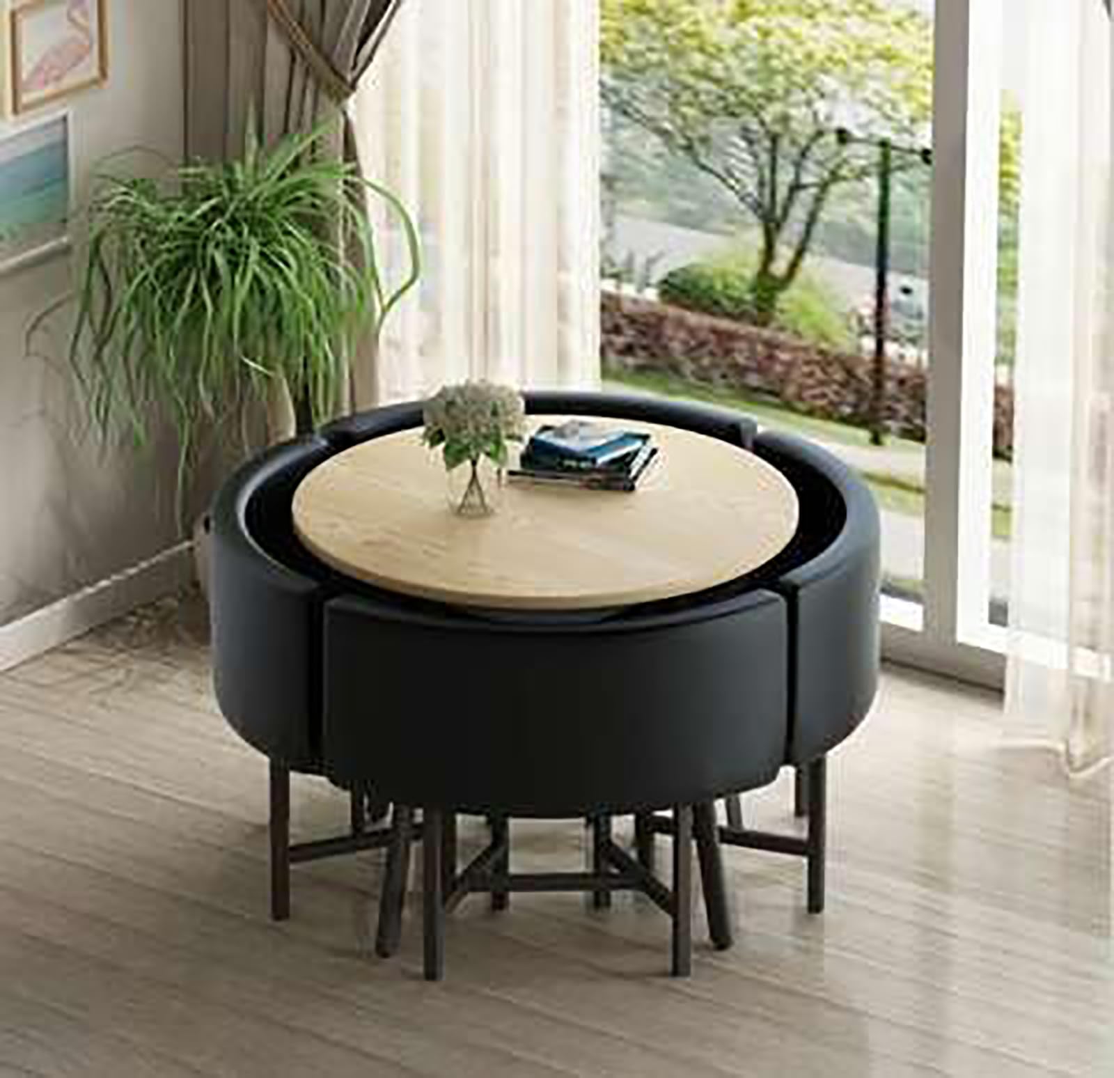 Elegante Juego de Mesa de Comedor Redonda con 4 sillas, tapizado de Lino y algodón Resistente para Cocina, Oficina, cafetería, balcón y Sala de Estar. Diseño Compacto Que Ahorra Espacio.
