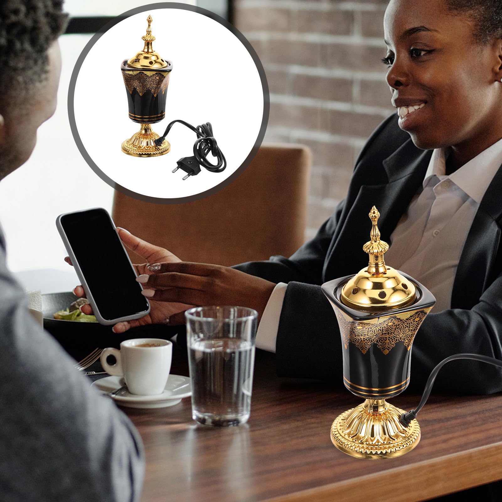 Quemador de Incienso Eléctrico Decorativo de Escritorio, Estilo Árabe Negro