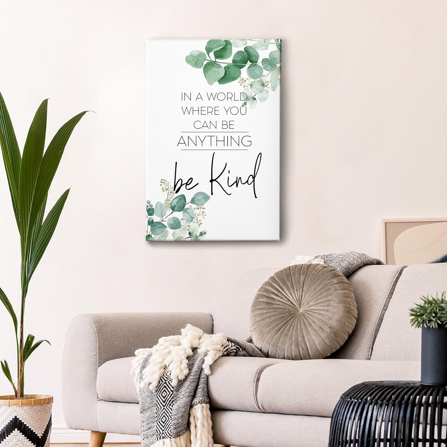 HIWX Be Kind Inspirational Framed Canvas Wall Art Decor, Eucalyptus Botanical Motivational Positive Wall Art Decoration for Bathroom Office Bedroom Home Prints 16x24