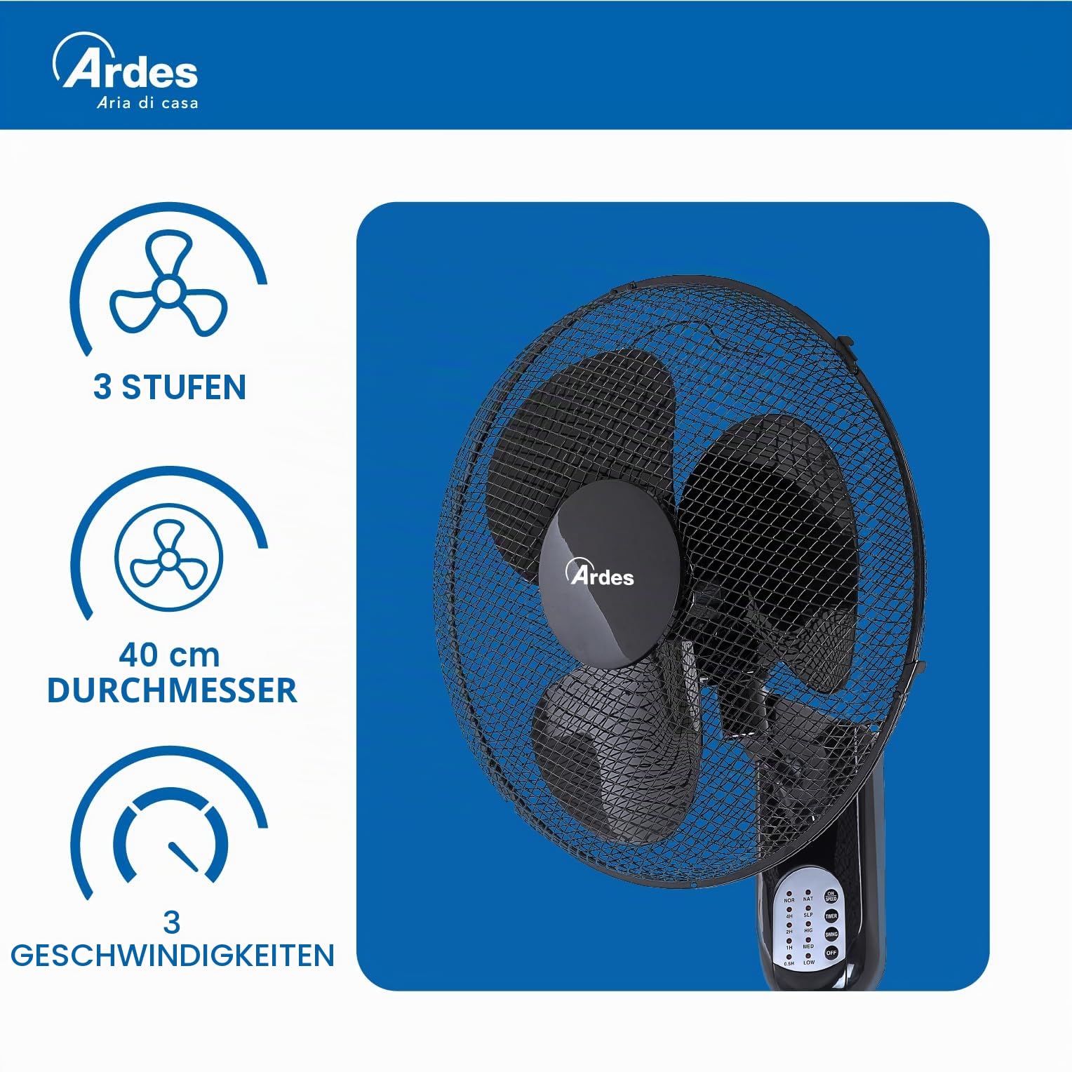ARDES Wandventilator 40 cm Fernbedienung Oszillation Timer 3 Geschwindigkeitsstufen schwarz AR5W40R