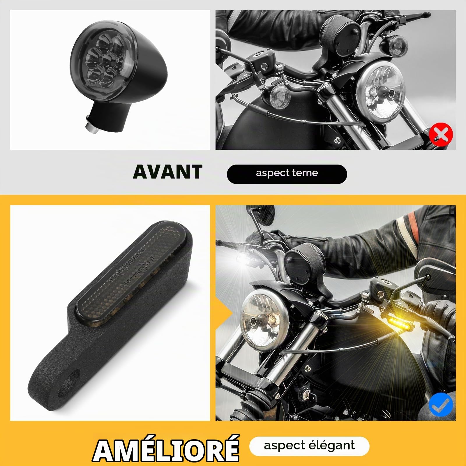 DREAMIZER Clignotants LED pour Guidon avec Feux de Position Avant Universels Compatible avec Harley Sportster Dyna Honda Shadow Kawasaki Vulcan Yamaha V-Star Road Star