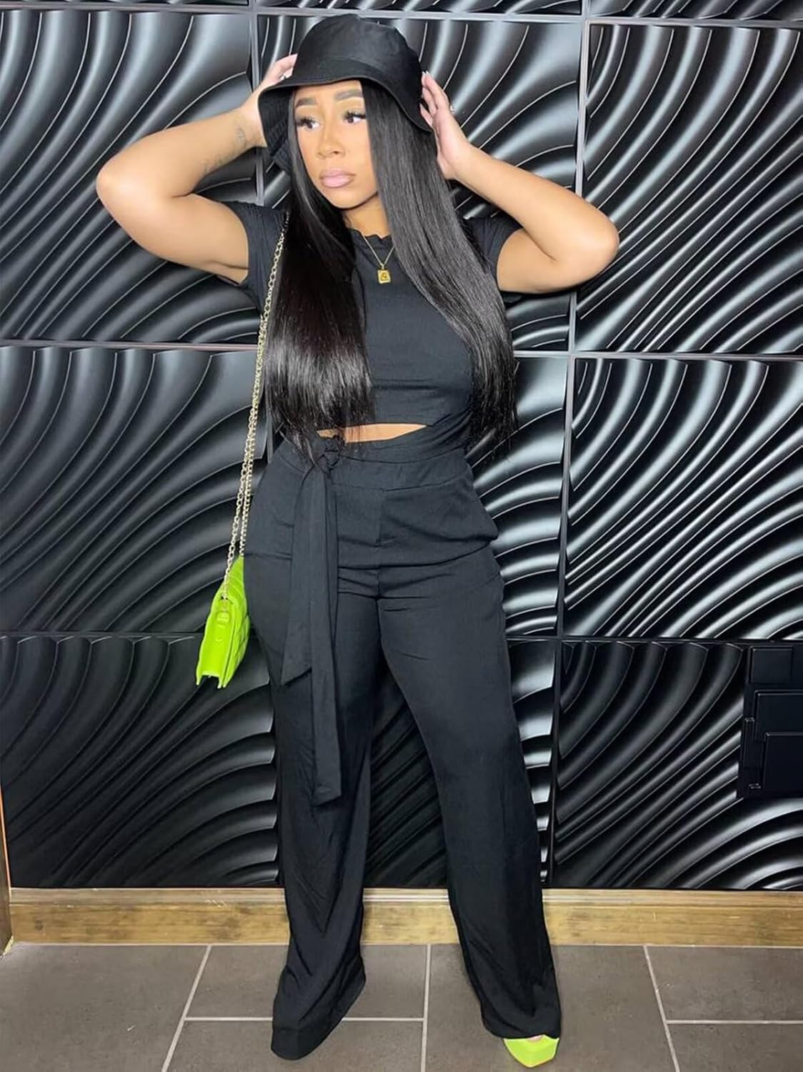 EDITCOZY Women 2 Piece Outfits Sexy Tie Front Crop Top Wide Leg Pants Sets Casual Summer Ribbed Two Piece Set - Image 6