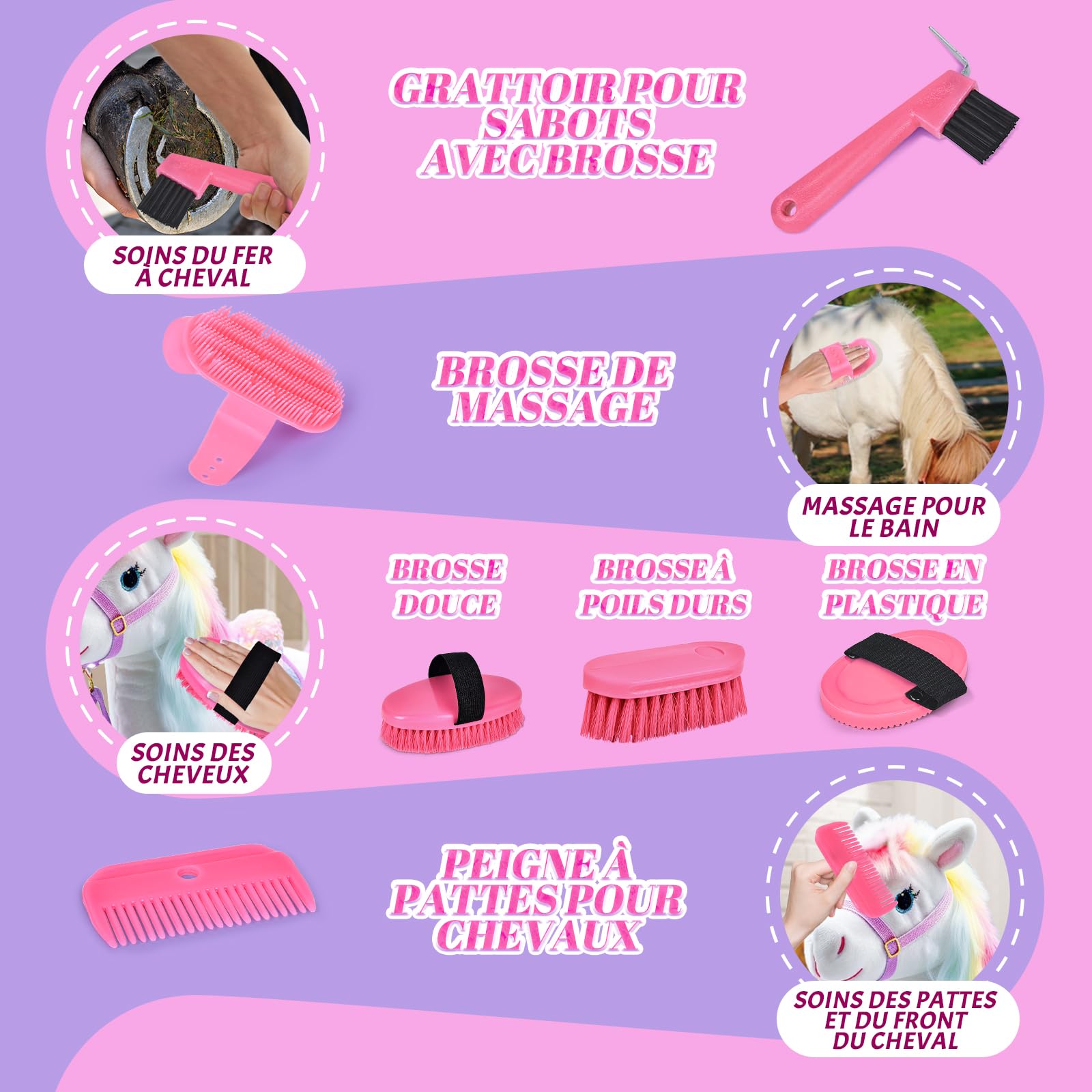 Joellfuner Set de Pansage Cheval, Jouet Accessoires pour Enfants, Equitation Soins Sac d'Équipement avec Brosse de Massage et Grattoir à Sabot