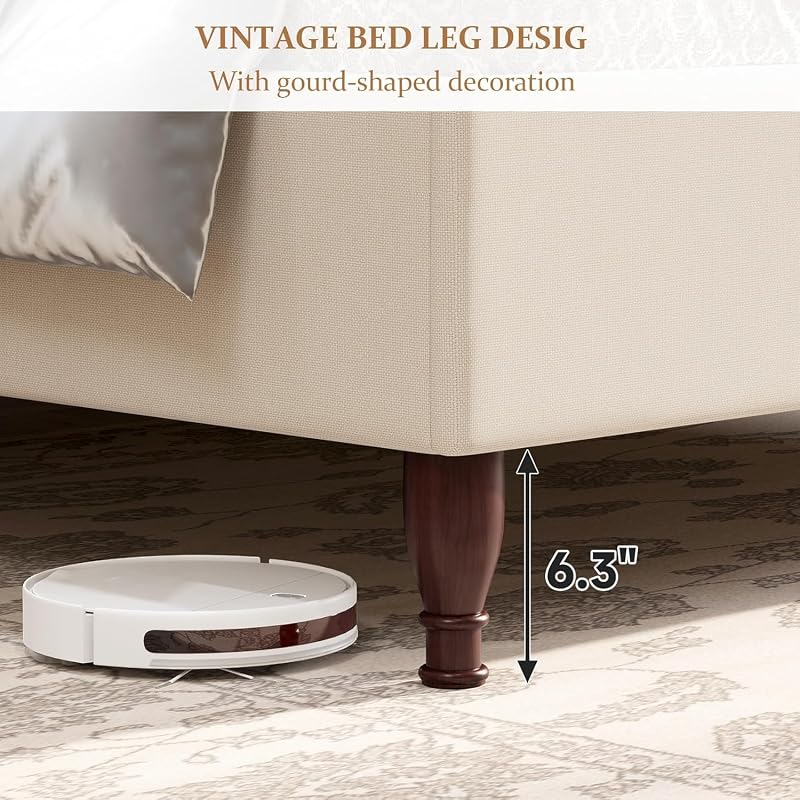 koorlian Queen Size Bed Frame Upholstered Platform Bed with 51" Tall Headboard Wingback, Soft Fabric, Retro Simple Style Platform Bed No Box Spring Needed, Easy Assembly, Beige image 6