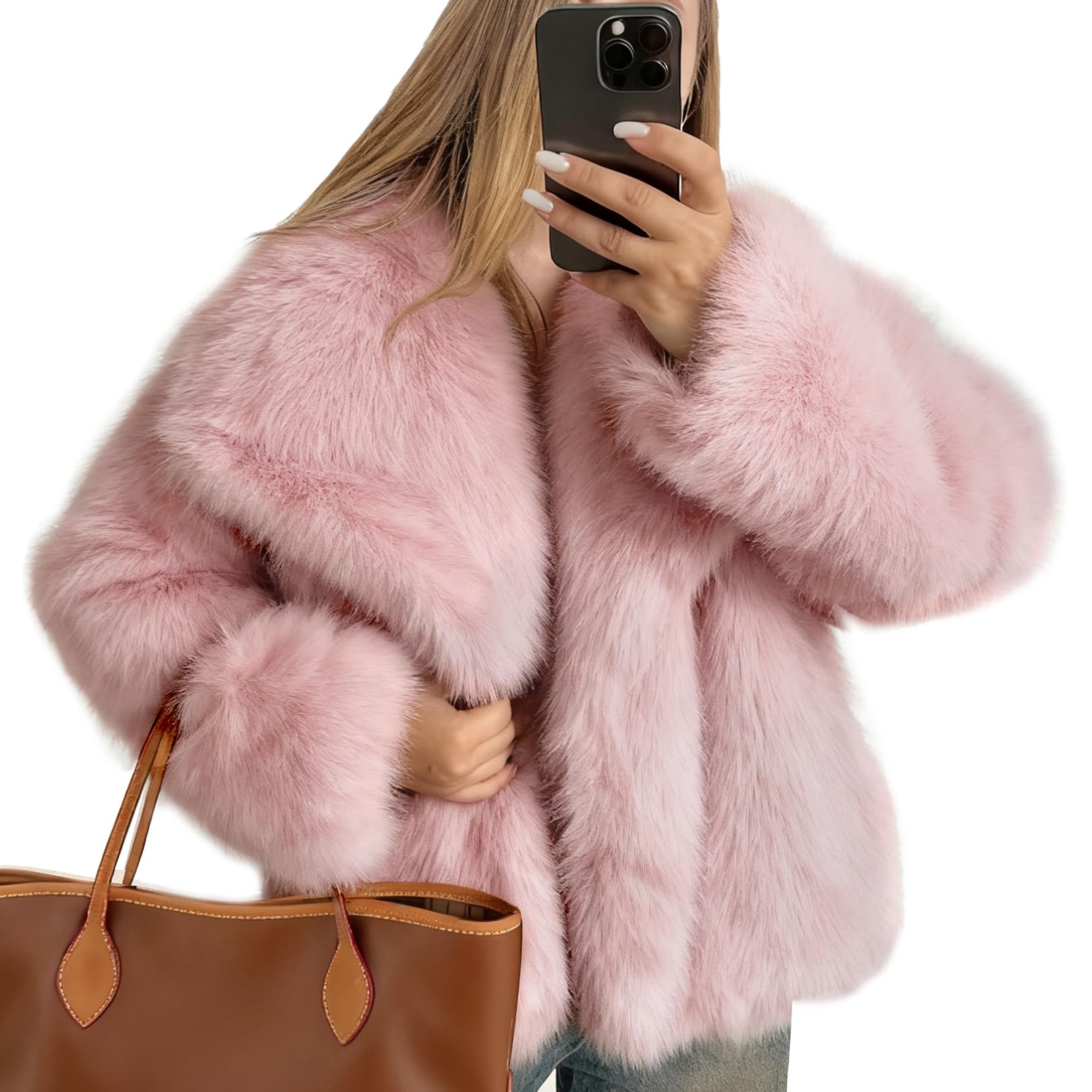 Women's Faux Fur Coat Fluffy Faux Fur Jacket Long Sleeve Lapel Furry Winter Jackets Shaggy Parka Short Coat
