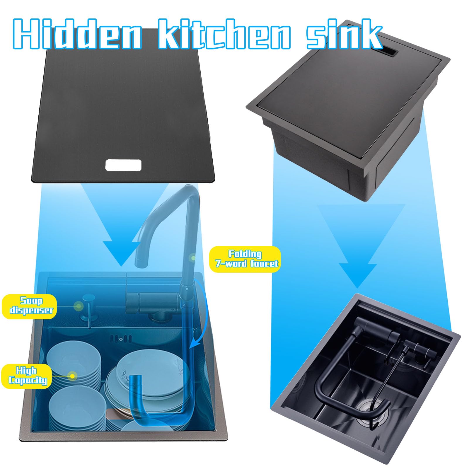 Fregadero De Cocina Con Tapa Fregadero Oculto De Acero Inoxidable Nakajima Invisible Lavabo Pequeño De Una Sola Ranura (35x45cm)